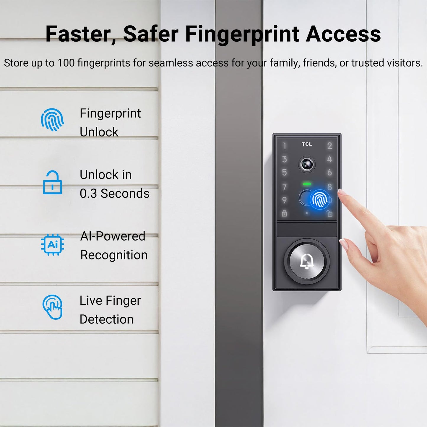TCL Video Smart Door Lock D1 Max, 3-in-1 2K Camera+Doorbell+Fingerprint Door Lock, Built-in Wi-Fi Deadbolt for Front Door, Keyless Entry, Auto Lock, App Remote Control, Easy Installation (Black)