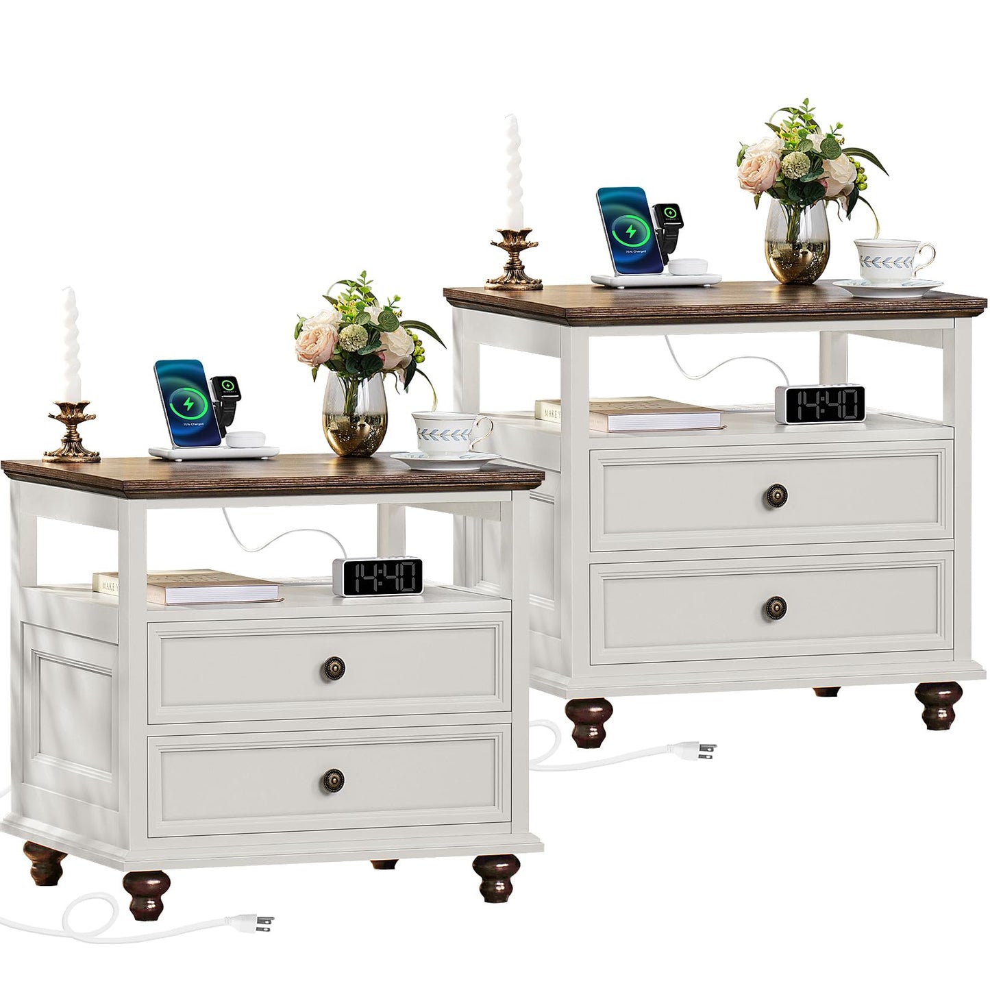 Joaxswe Farmhouse Nightstand Set of 2 with Charging Station, 24" Wide End Table with 2 Drawers,Dresser for Bedroom,Bed Side Table Chest of Drawers Cabinet,Wood White Night Stand for Living Room