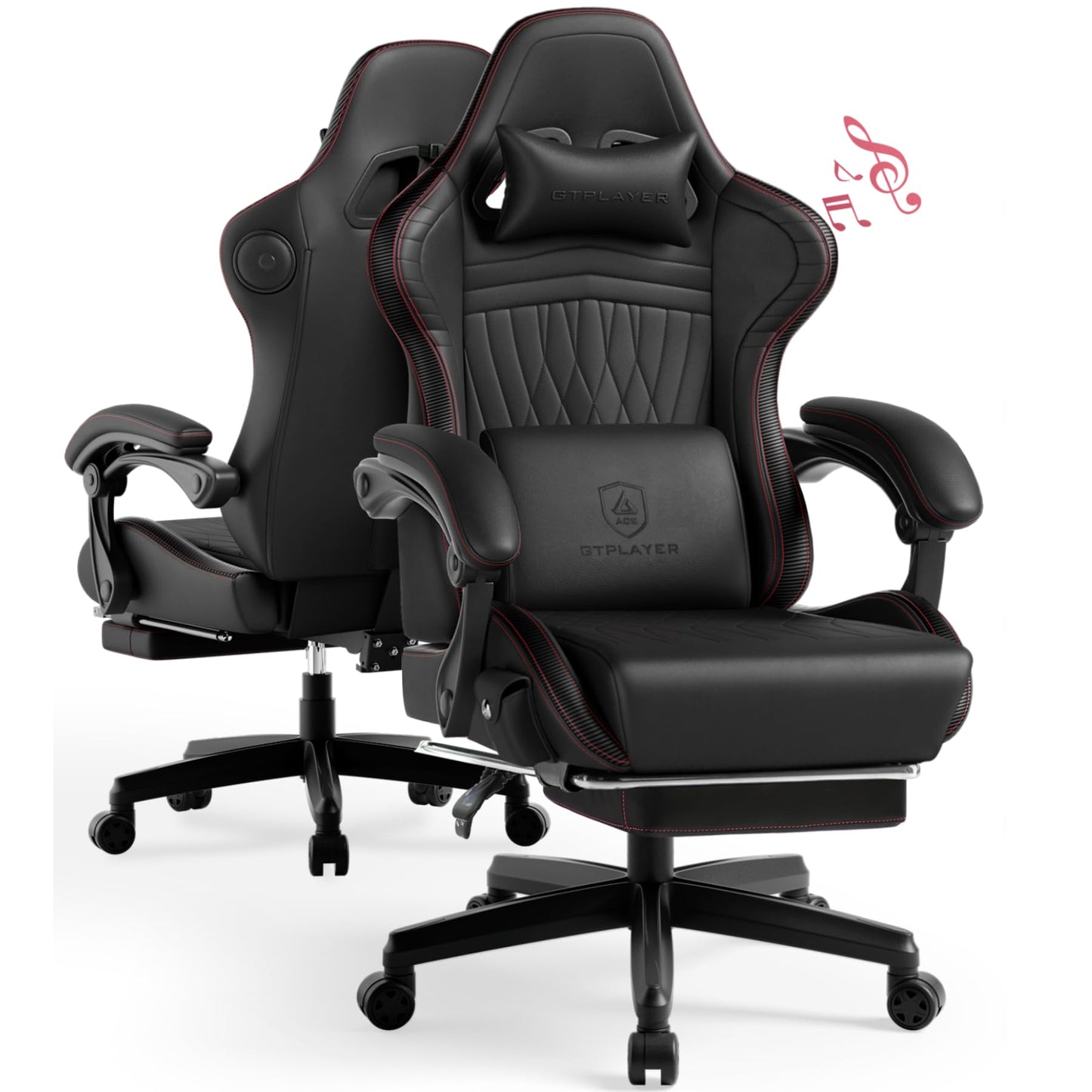 GTPLAYER ACE-PRO Music Gaming Chairs – Built-in Speakers, App Support & Bluetooth Control, Computer Game Chairs with Footrest for Adults, Ergonomic, Reclining, Linkage Armrest, BK‑RD Stitch