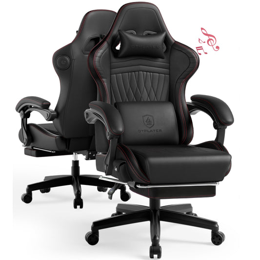 GTPLAYER ACE-PRO Music Gaming Chairs – Built-in Speakers, App Support & Bluetooth Control, Computer Game Chairs with Footrest for Adults, Ergonomic, Reclining, Linkage Armrest, BK‑RD Stitch