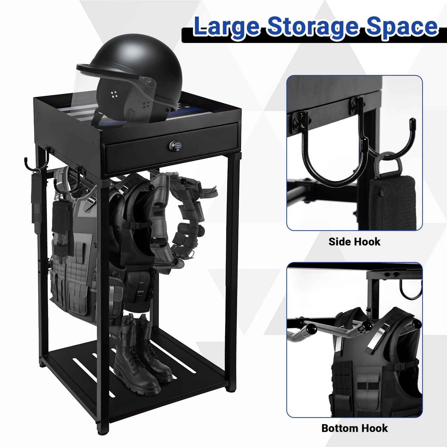 Neoaider Police Gear Stand with Gun Storage 42" x 18" x 18”, Police Hanger with 5 Hooks, Tactical Duty Gear Rack Decor with Thin Blue Line Flag, Black Body Armor Stand for Police Gift