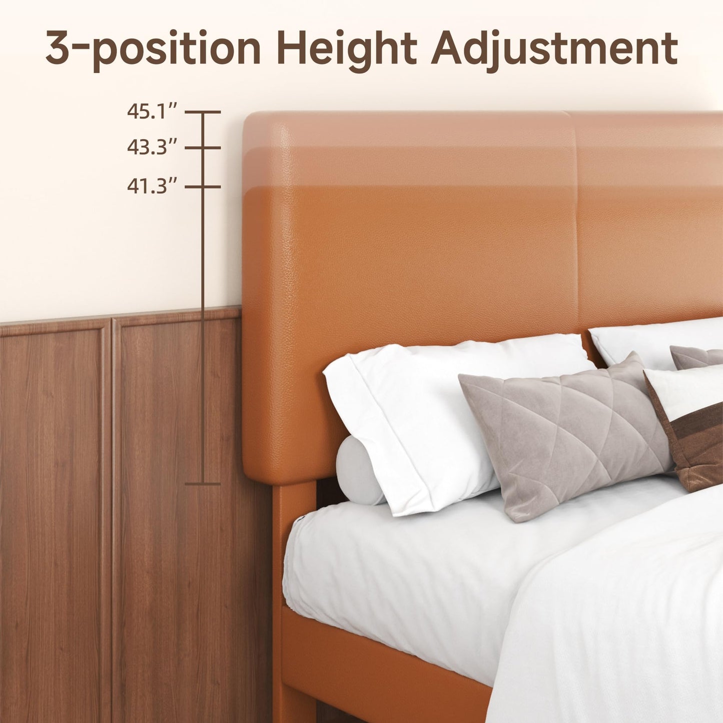 Lcwtvgxr Full Upholstered Platform Bed Frame with Headboard, Faux Leather Modern Bed Frame with Wood Slat Support, No Box Spring Needed, Easy Assembly, Orange-Brown