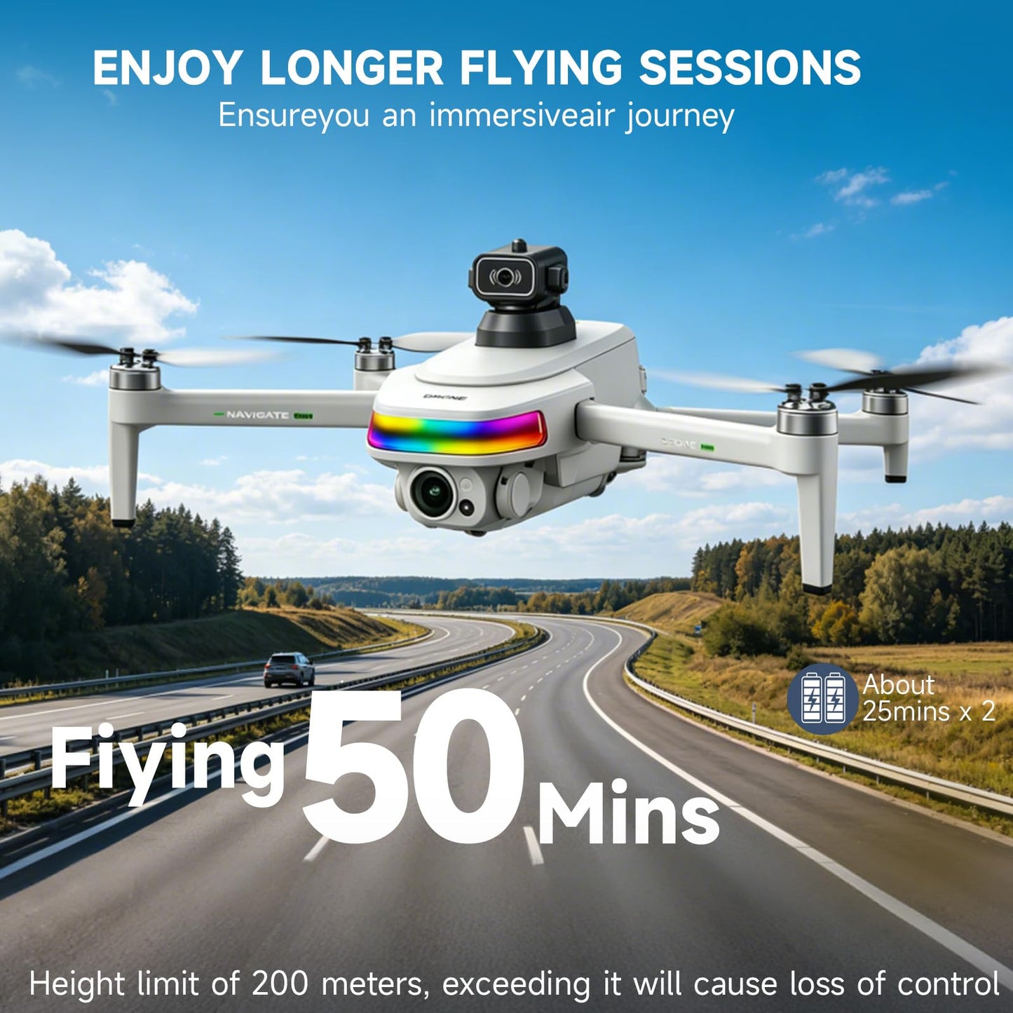 GPS Drone with 4K Camera for Adults, 5.5" HD Touchscreen Remote, Brushless Motor, 50 Mins Flight, Follow Me Drone, Auto Return, Long Range Transmission, AI Track & Orbit Mode, Under 260g