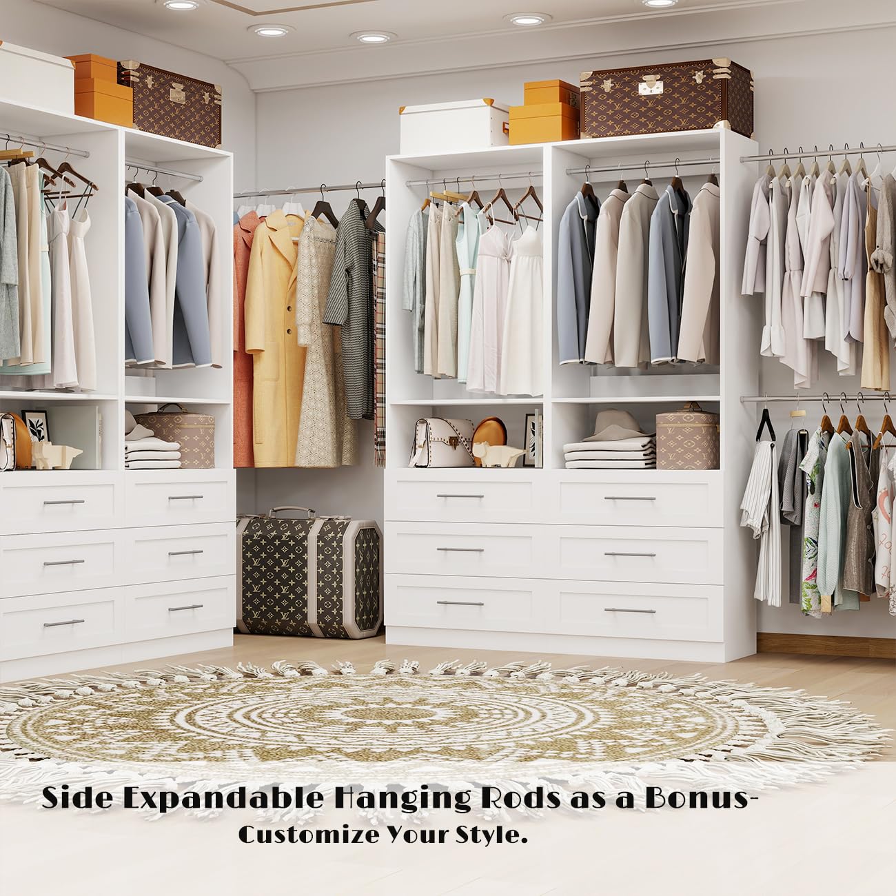 Closet System with 12 Drawers, 8FT-21FT Custom Closet Organizer System Modular Walk in Closet Freestanding Corner Closets Storage with 8 Hanging Rods & 4 Shelves, White (8FT)