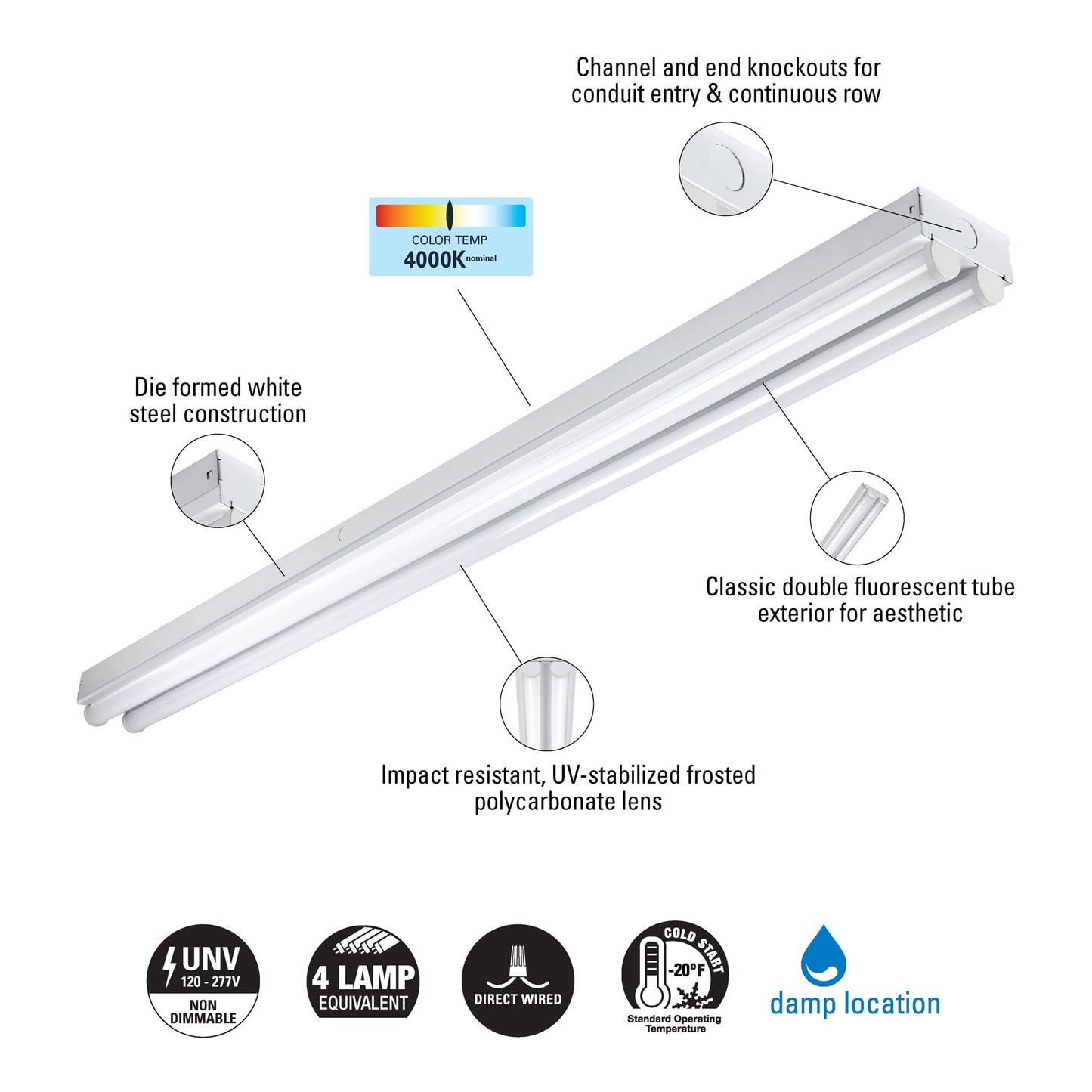 Metalux 4ST2L4040R 4 2 Lamp Strip Light, Alloy Steel, 4 ft, No Color