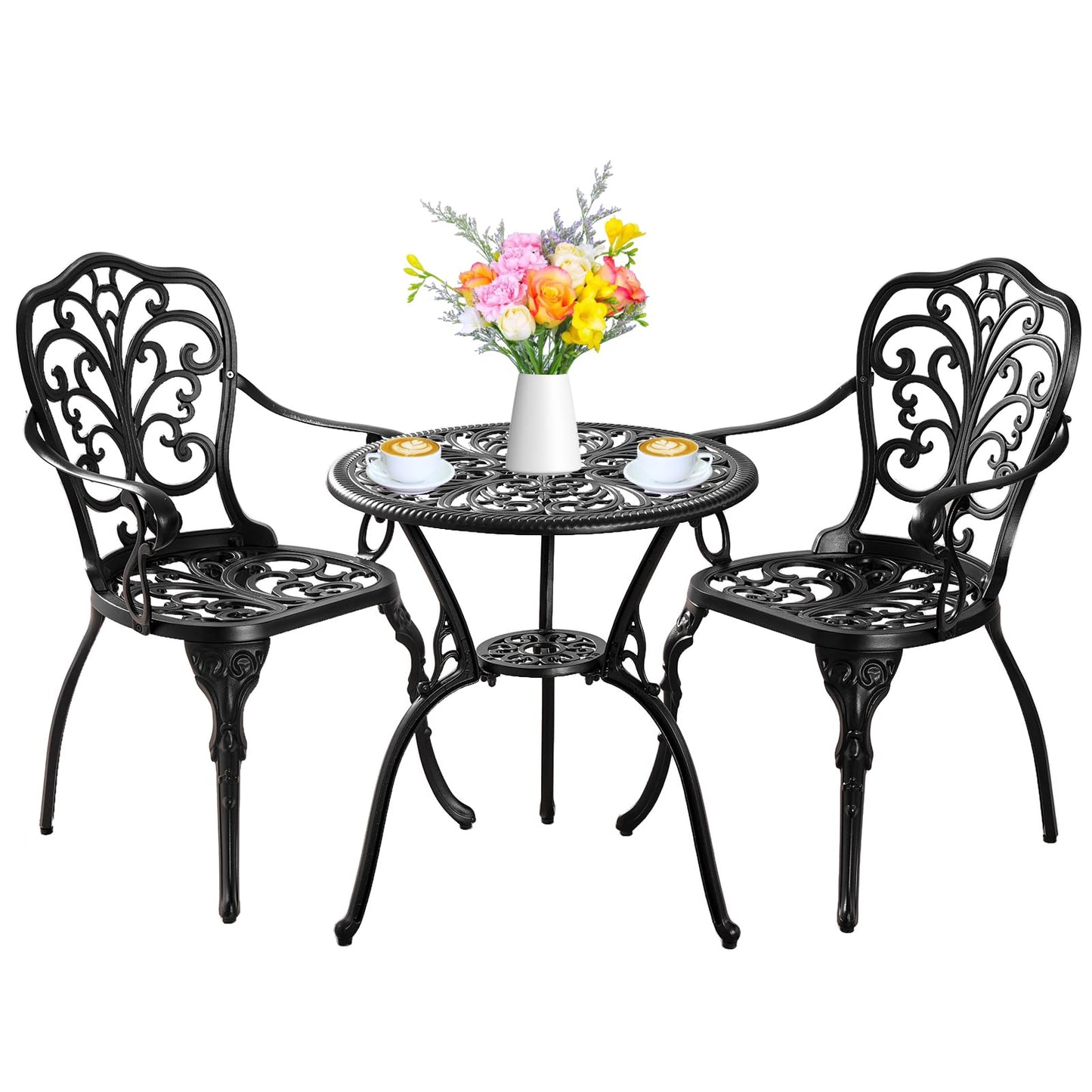 Withniture Bistro Set 3 Piece Outdoor, Bistro Table and Chairs Set of 2, All Weather Patio Bistro Set with Umbrella Hole, Patio Set for Garden, Black