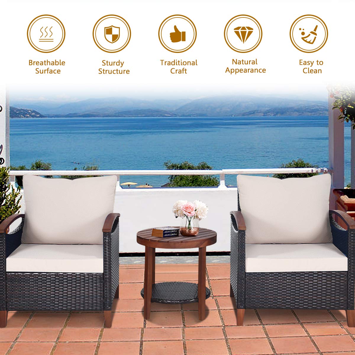 HAPPYGRILL 3 Pieces Patio Conversation Set Outdoor Rattan Wicker Sofa Set with Cushion & Acacia Wood Frame, Coffee Table and Chairs Set for Garden Poolside Balcony