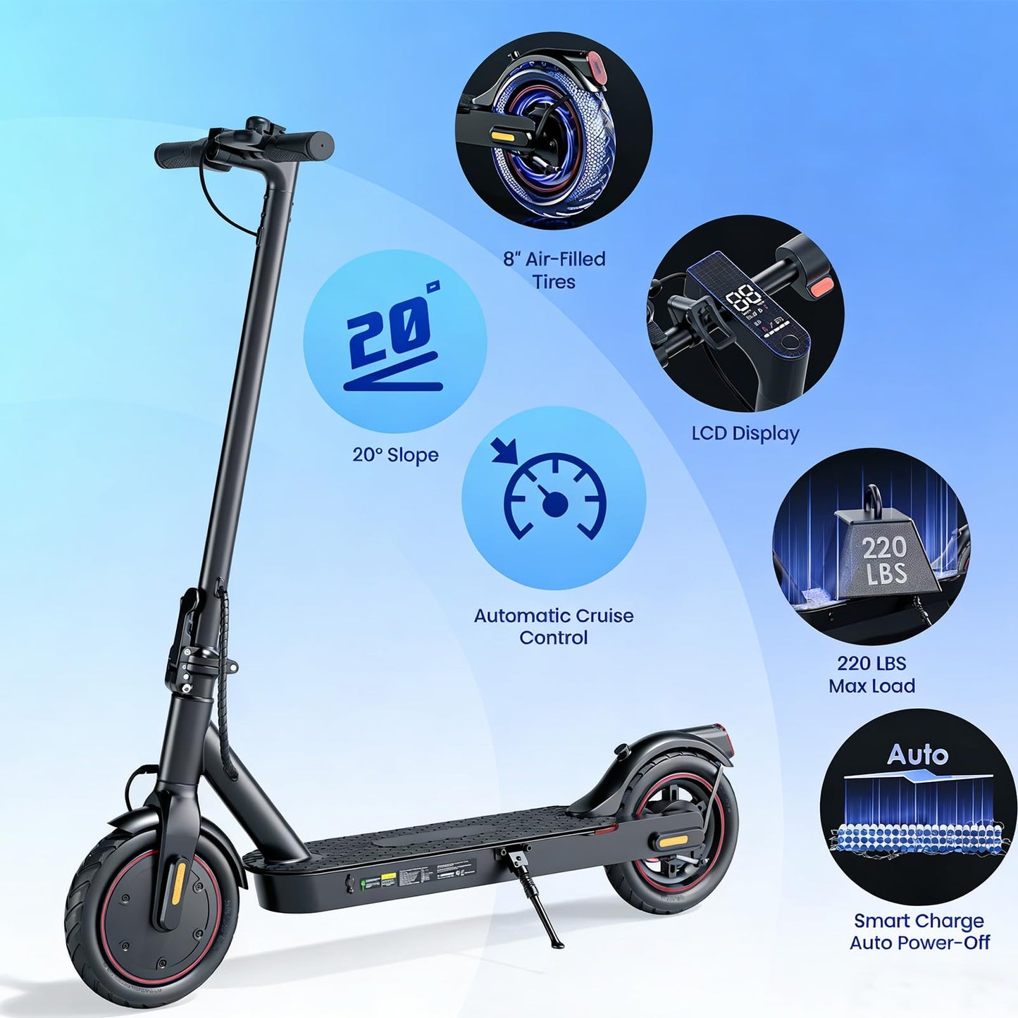 HopCycle Electric Scooters - Electric Scooter Adults, 1200W/1000W/500W Motor, 28/25/21/18 MPH Top Speed, 10''/8.5'' Tires, 28/25/23/21Miles, APP Control E Scooter for Teens Dark Black