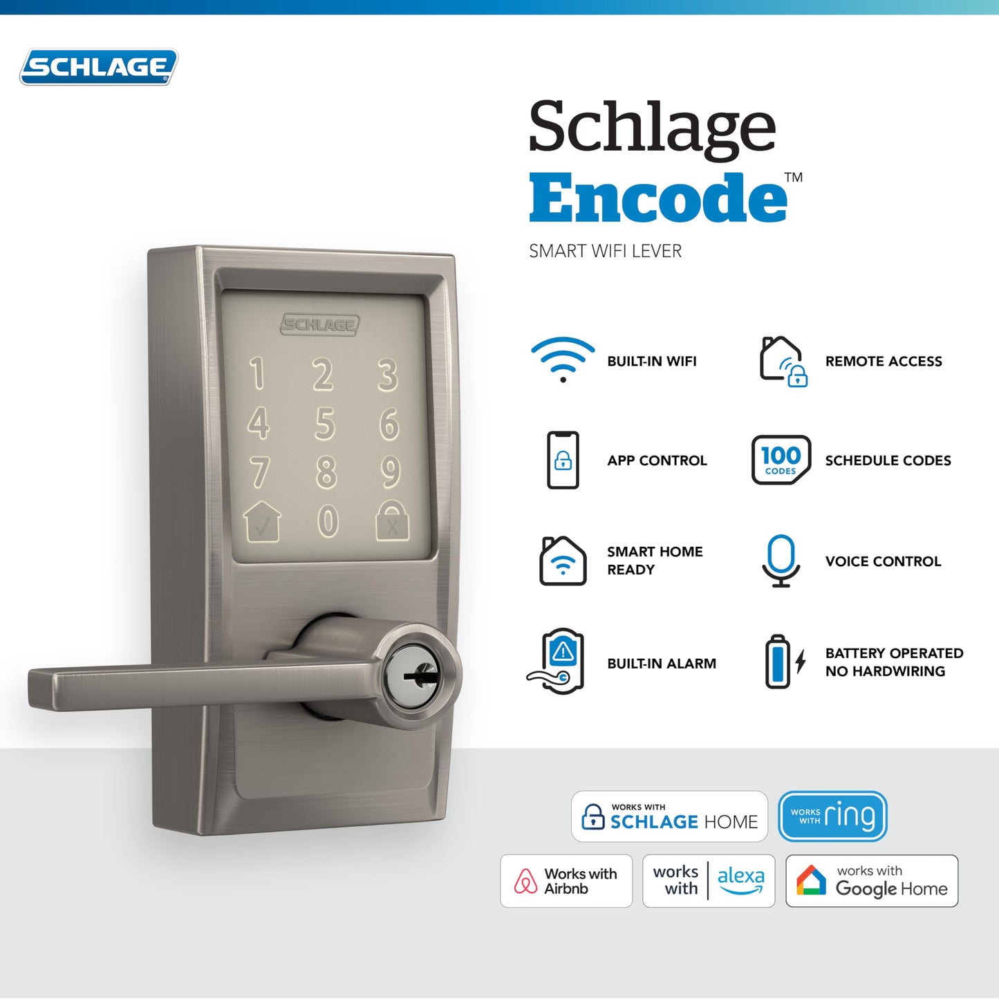 Schlage Encode Smart Wi-Fi Lock with Lever Handle, Touchscreen Keypad, Keyless Entry Door Lock, App Control, Alexa, Google Home and Airbnb Compatible, Satin Nickel, FE789WB CEN 619 LAT