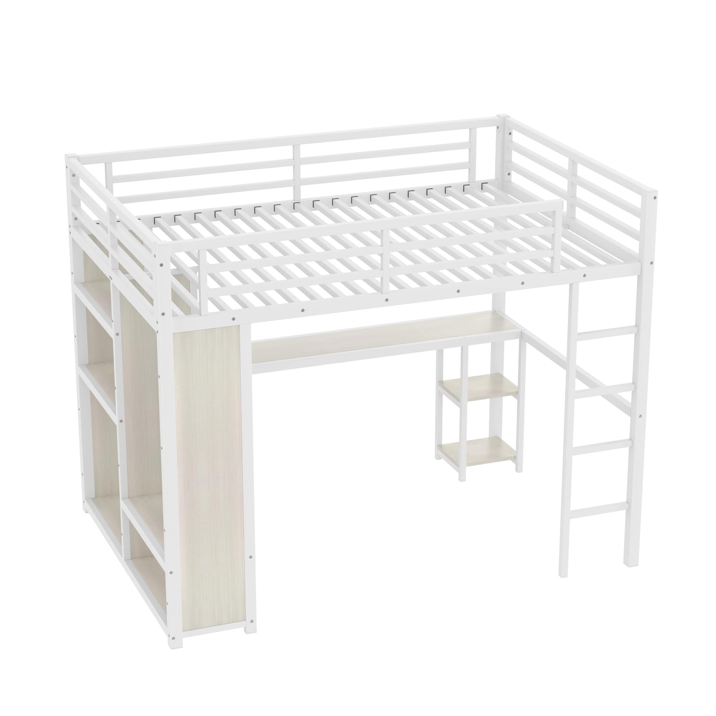 Bellemave Queen Size Loft Bed with Desk, Wardrobe, Metal Queen Loft Bed Frame, White Wood-Grain