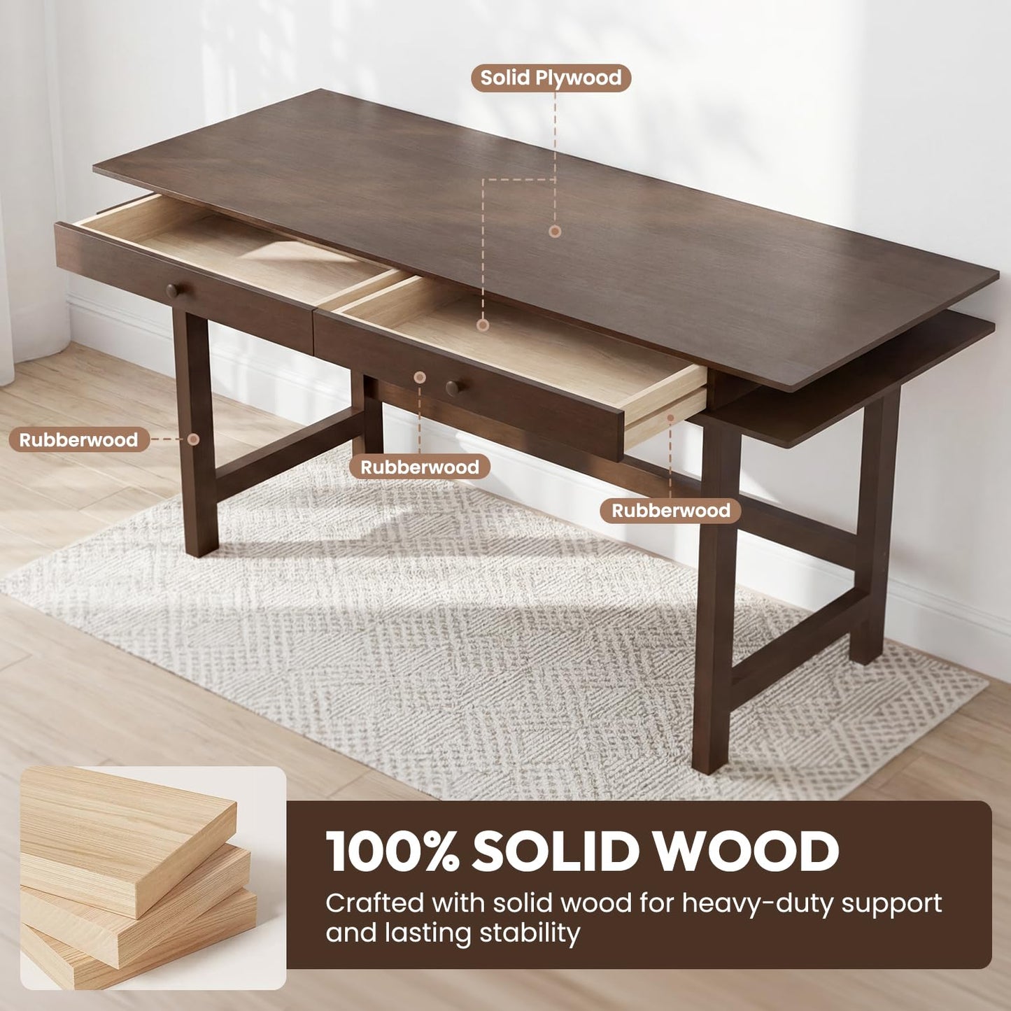 ELEVAQ Double-Top Solid Wood Desk - 60-Inch Mid-Century Modern Writing Table with Drawers for Home Office, Study, and Creation, Rubberwood Computer Desk in Black Walnut