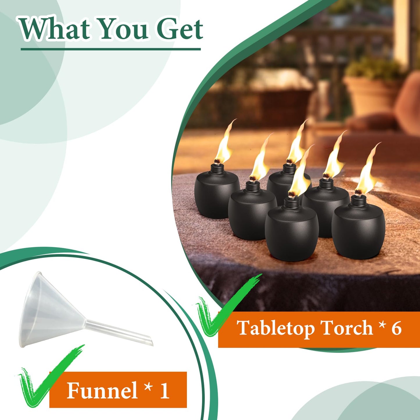 MQKIWAO 6-Pack Citronella Tabletop Torches, 21 oz Metal Oil Burner Candles, Black, for Outdoor Yard, Patio, Garden, Landscape