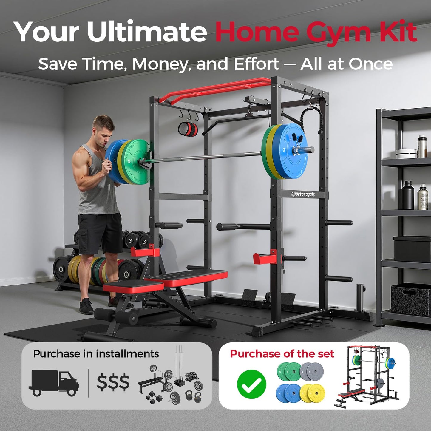 Sportsroyals Squat Rack, LAT Power Cage, Power Rack Multi-Function with Pulley System and Training Attachments for Home Gym