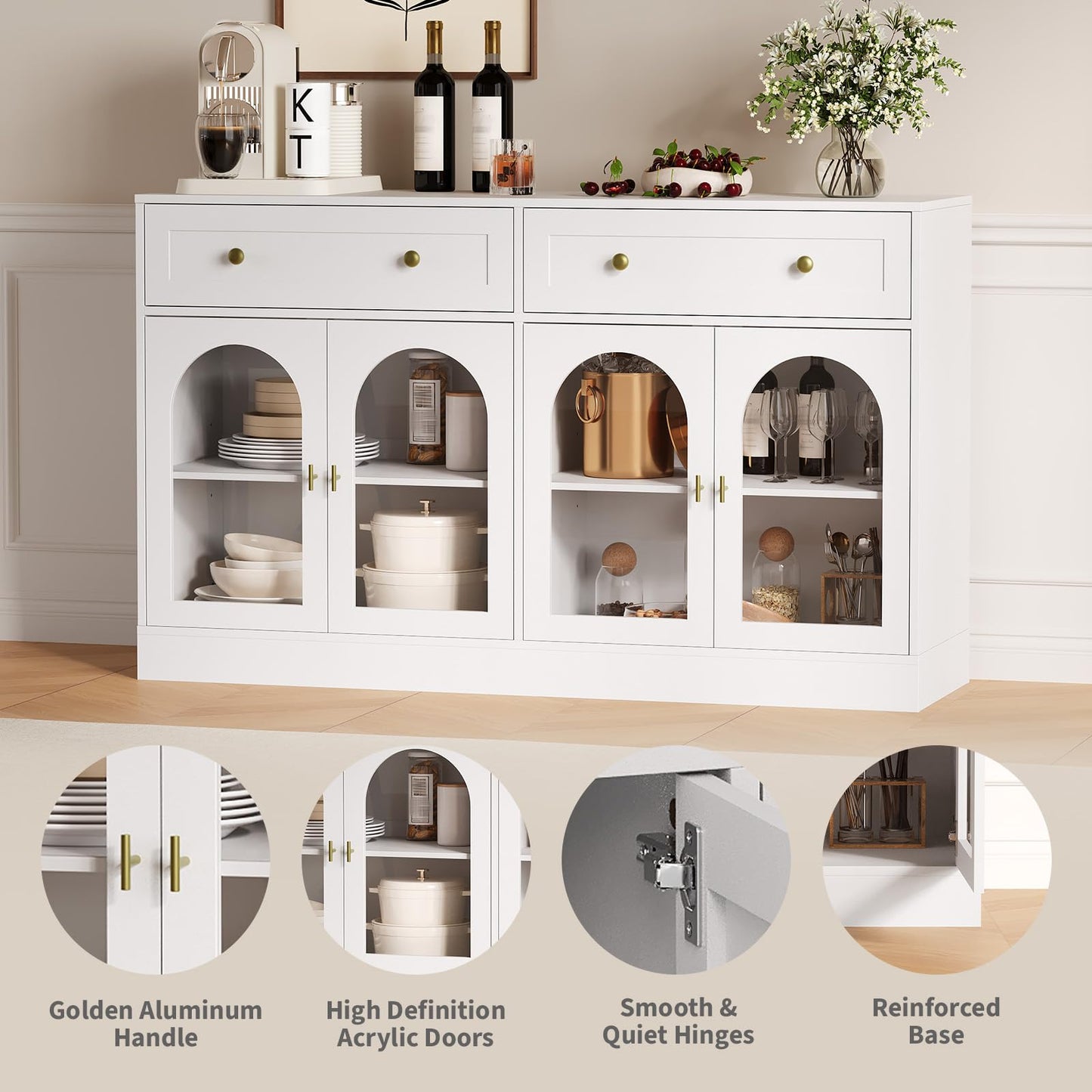GAOMON 55in Buffet Cabinet with Storage, Farmhouse Sideboard Buffet Cabinet Large Console Coffee Bar Table with 2 Drawers and 4 Acrylic Doors for Kitchen Dining Room Living Room,White