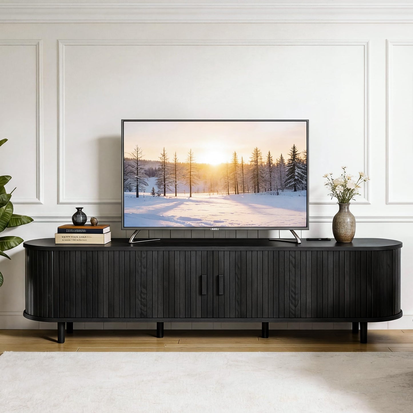 OneBlis 70" Mid Century Modern TV Stand, Wood TV Consoles with Sliding Doors and Power Outlet, Fluted Entertainment Center with Adjustable Shelves, Media Console for Living Room, Black