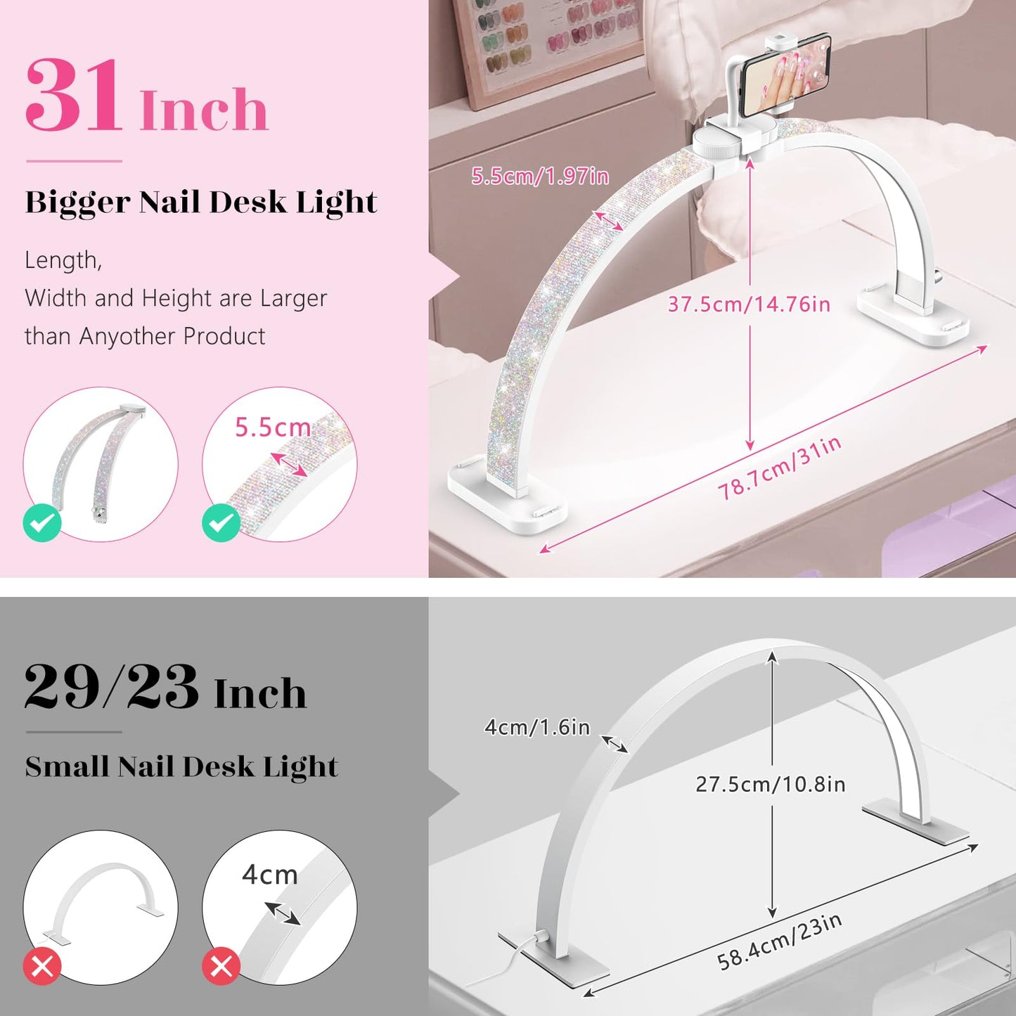 LIONVISON Half Moon Light for Nail Desk - 31-inch, 48W, Aluminum, White, Model 0002, Includes Phone Holder for Nail Tech, Makeup, Tattoo