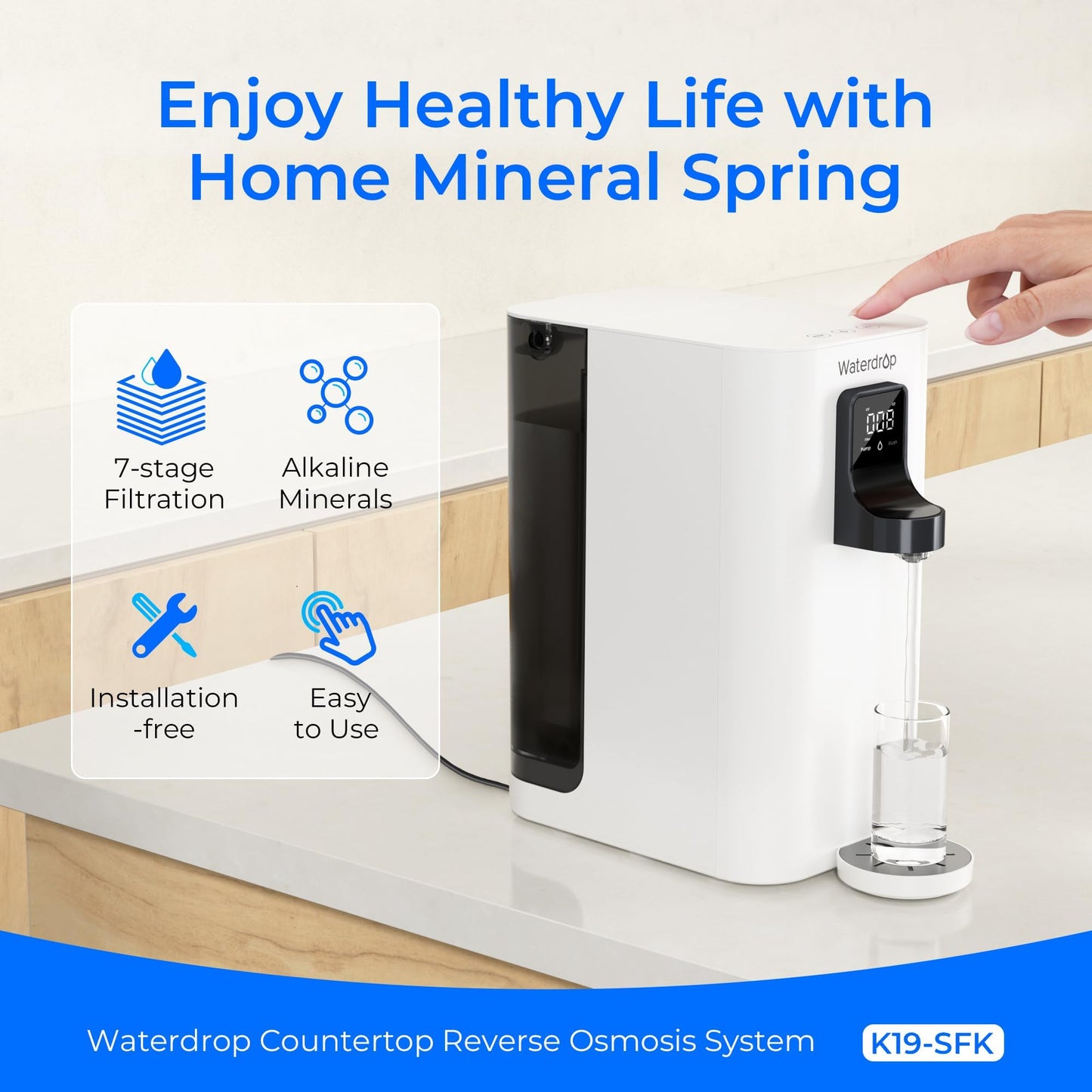 Waterdrop K19-SFK Reverse Osmosis Water Filter Countertop, Minerals, Countertop Reverse Osmosis System, 3:1 Pure to Drain, Reduce PFAS, No Installation Required, BPA Free