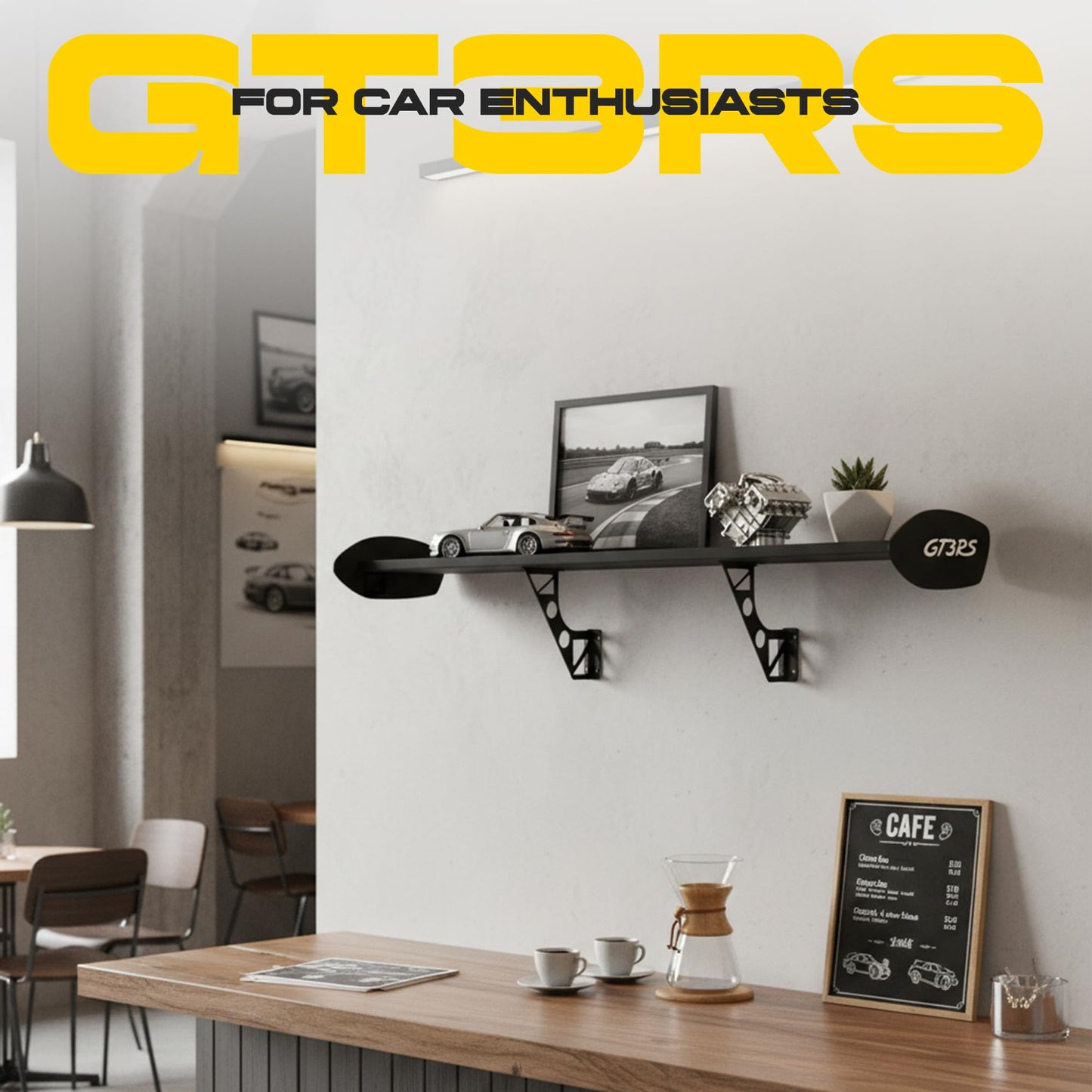 GT3RS Wall Mounted Shelf – Garage Shelving & Man Cave Decor for Car Enthusiasts, Display Shelf for Game Room Decor (White on Black)