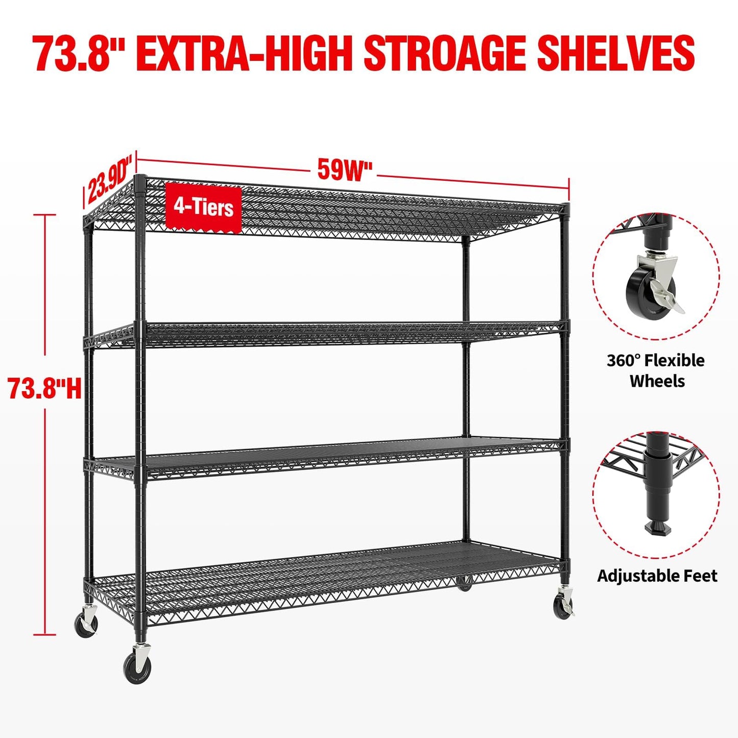 SierraSquad 74" H x 59" W x 24" D Storage Shelves with Wheels, 2640 Lbs Capacity, 4 Tier Adjustable Wire Shelving Unit, Heavy Duty Metal Storage Rack for Garage, Pantry, Kitchen, Warehouse