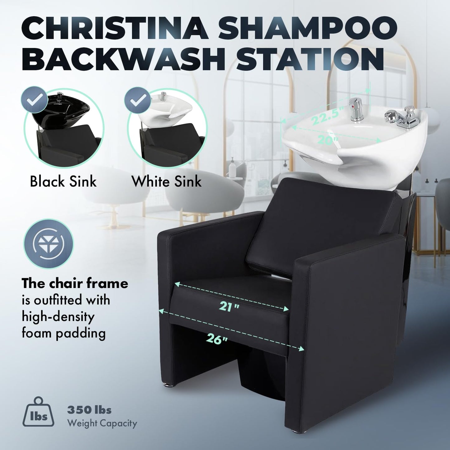 Buy-Rite Christina Shampoo Backwash Unit with Deep Tilting Porcelain Bowl, Dual Nozzle, Extra Wide Foam Seat, Built-in Vacuum Breaker, Steel Frame, Modern European Design, YLG-558-WHT (White Sink)