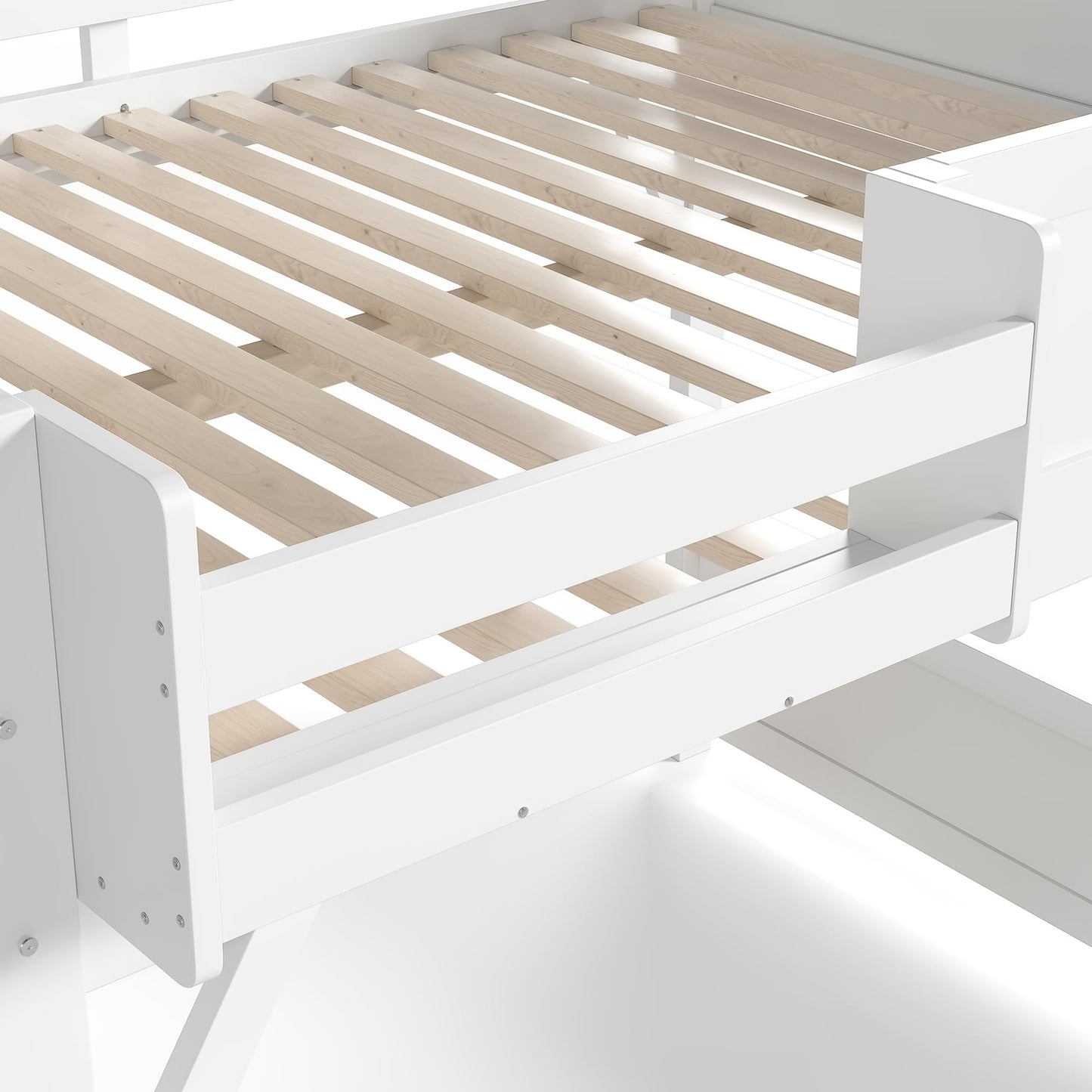 KEIKI Solid Wood Queen Size Loft Bed Frame with Stairs, Built-in Wardrobe and Storage Space, Queen Loft Bed with Shelves, Queen-Length Guardrails, No Box Spring Needed for Bedroom, Light White