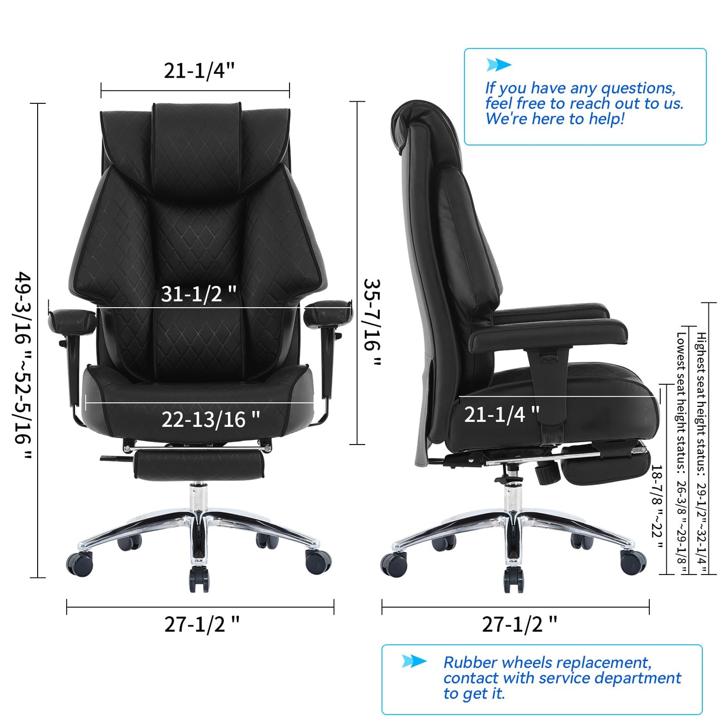 EXCEBET Big and Tall Office Chair with Footrest, PU Leather High Back Executive Office Chair 400lbs, Ergonomic Computer Chairs Lumbar Support for Heavy People (All Black)