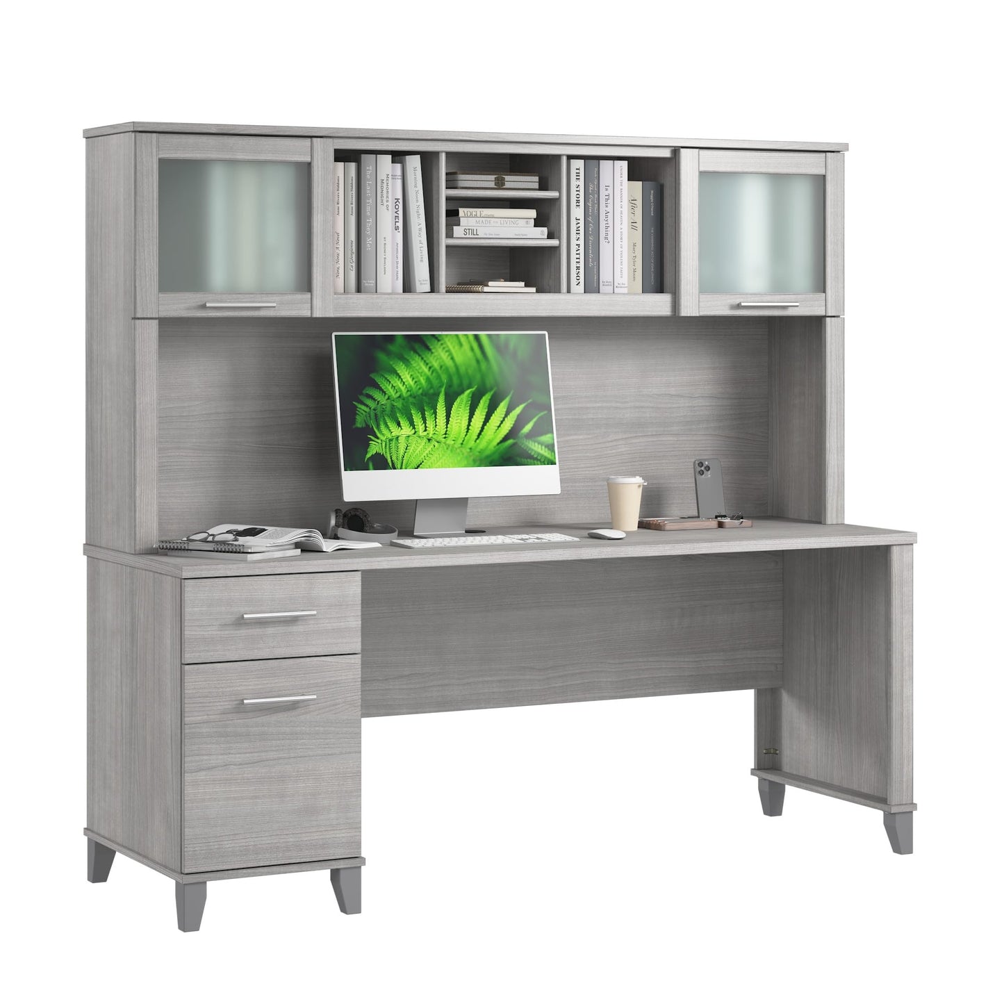 Bush Home 72-Inch Office Desk with Drawers and Hutch, Computer Desk with File and Box Drawers, Shelves and Storage Cabinet, Home Office Workstation, Somerset Collection, Platinum Gray