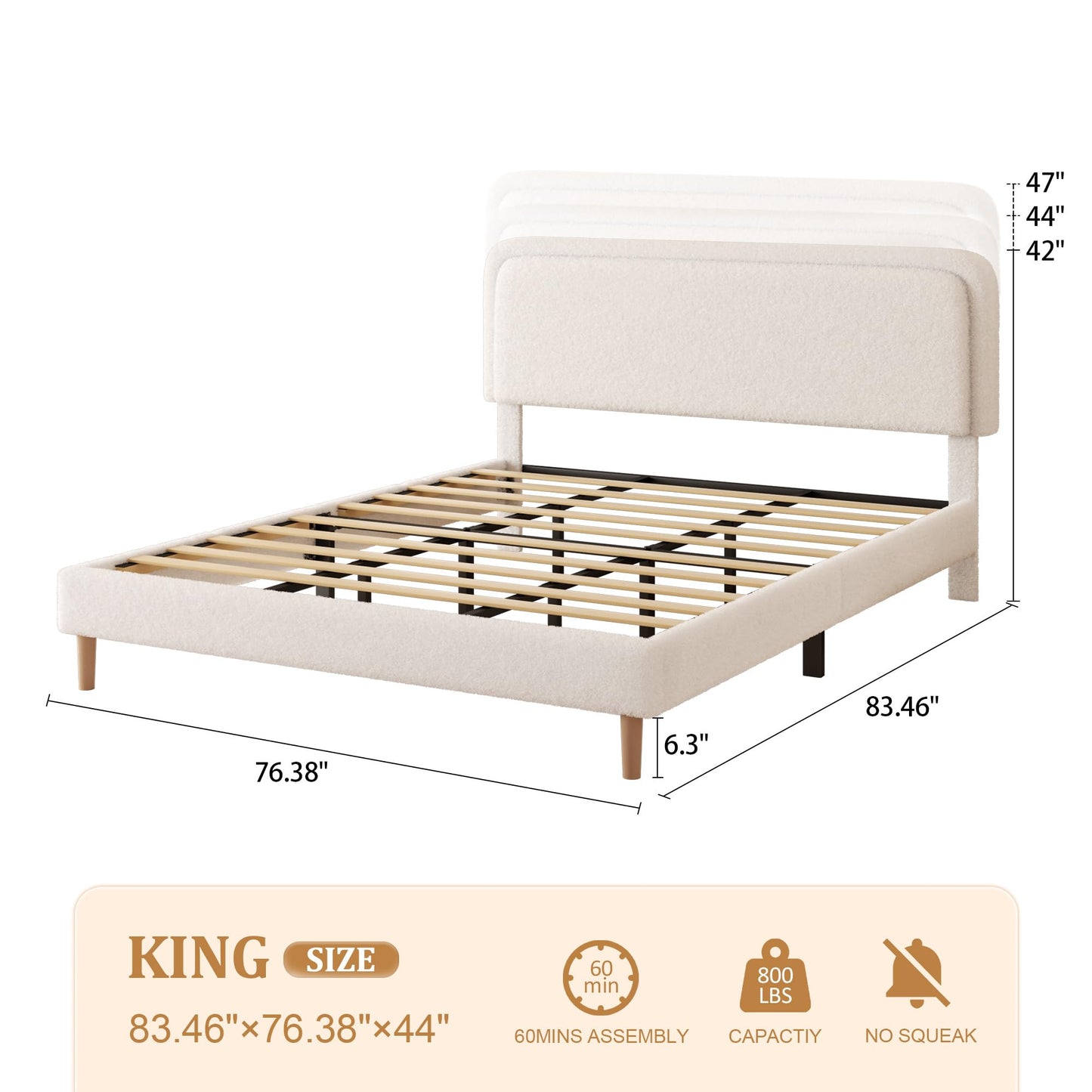 viplov King Size Boucle Upholstered Platform Bed Frame with Adjustable Headboard, Soft Cloud Bed, No Box Spring Needed, Noise Free, Easy Assembly, White