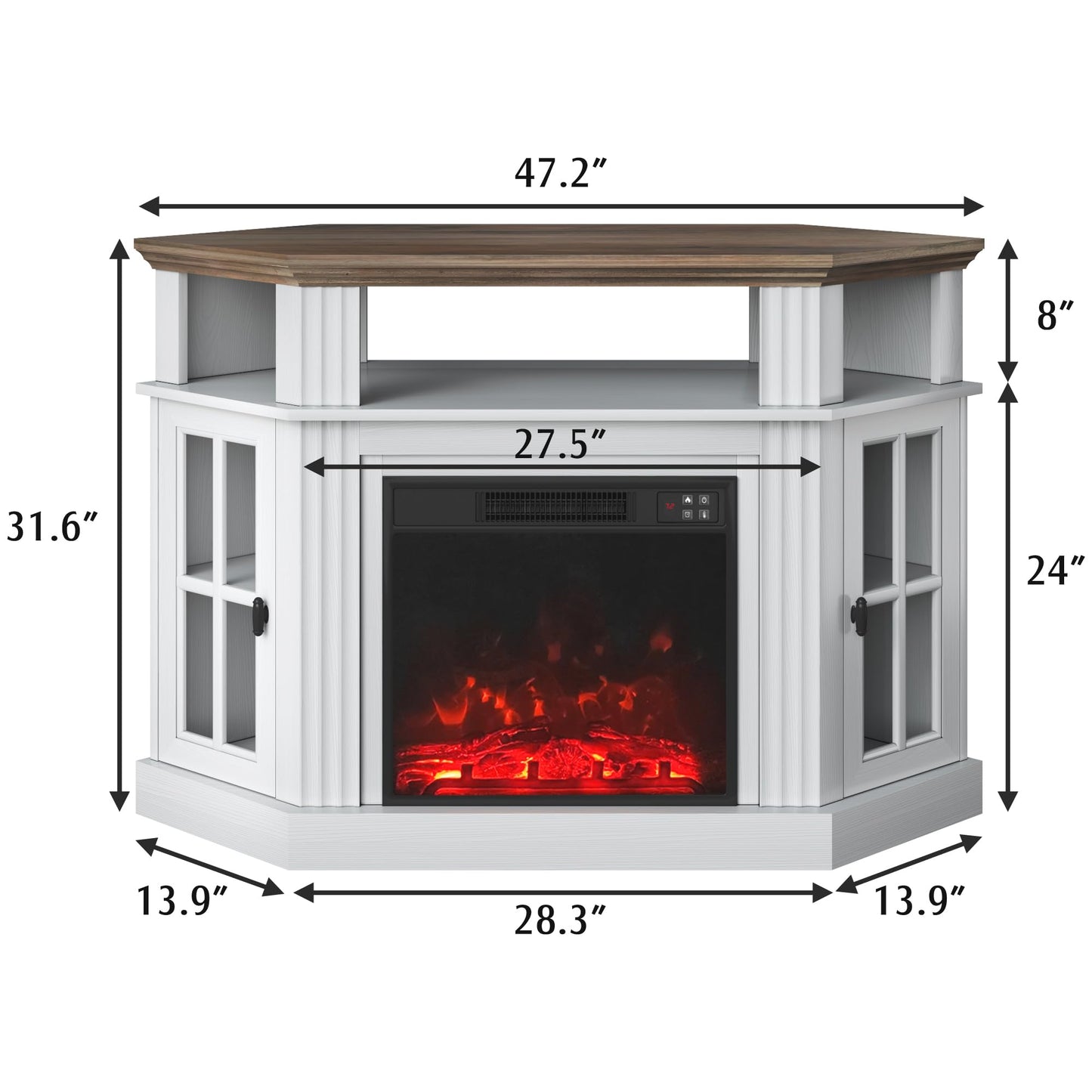 YESHOMY Corner Fireplace TV Stand for Television up to 55" with Storage Cabinets, Entertainment Center, Media Console for Living Room, Bedroom, White＆Rustic