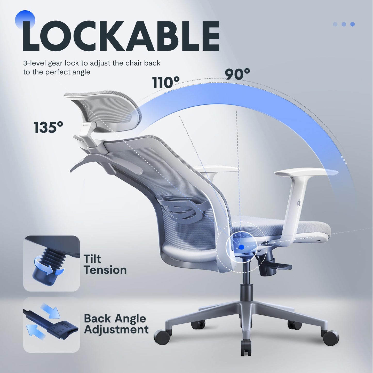 FLEXISPOT OC3 Cloud Ergonomic Office Chair, Mesh Back Computer Chair, Home Office Desk Chairs with Adjustable Lumbar Support/3D Headrest/Reliable Base, Elastic Foam Seat, Light Gray