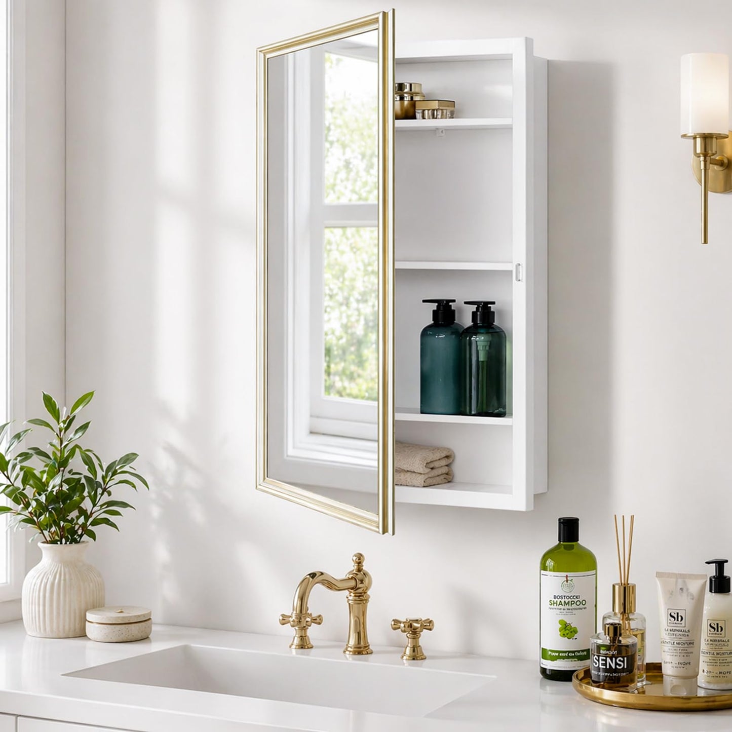 Fundin 24 x 30 White Metal Bathroom Wall Medicine Cabinet with Gold Beveled Frame Mirror, Recessed or Surface Mount,Mirror Cabinet with Adjustable Shelves