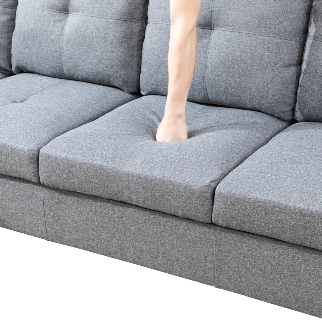 UOCFYK L-Shaped 3-Piece Linen Sofa with Storage Ottoman Set, Sectional Couch Sofa Set for Living Room, Office, Small Space, Grey
