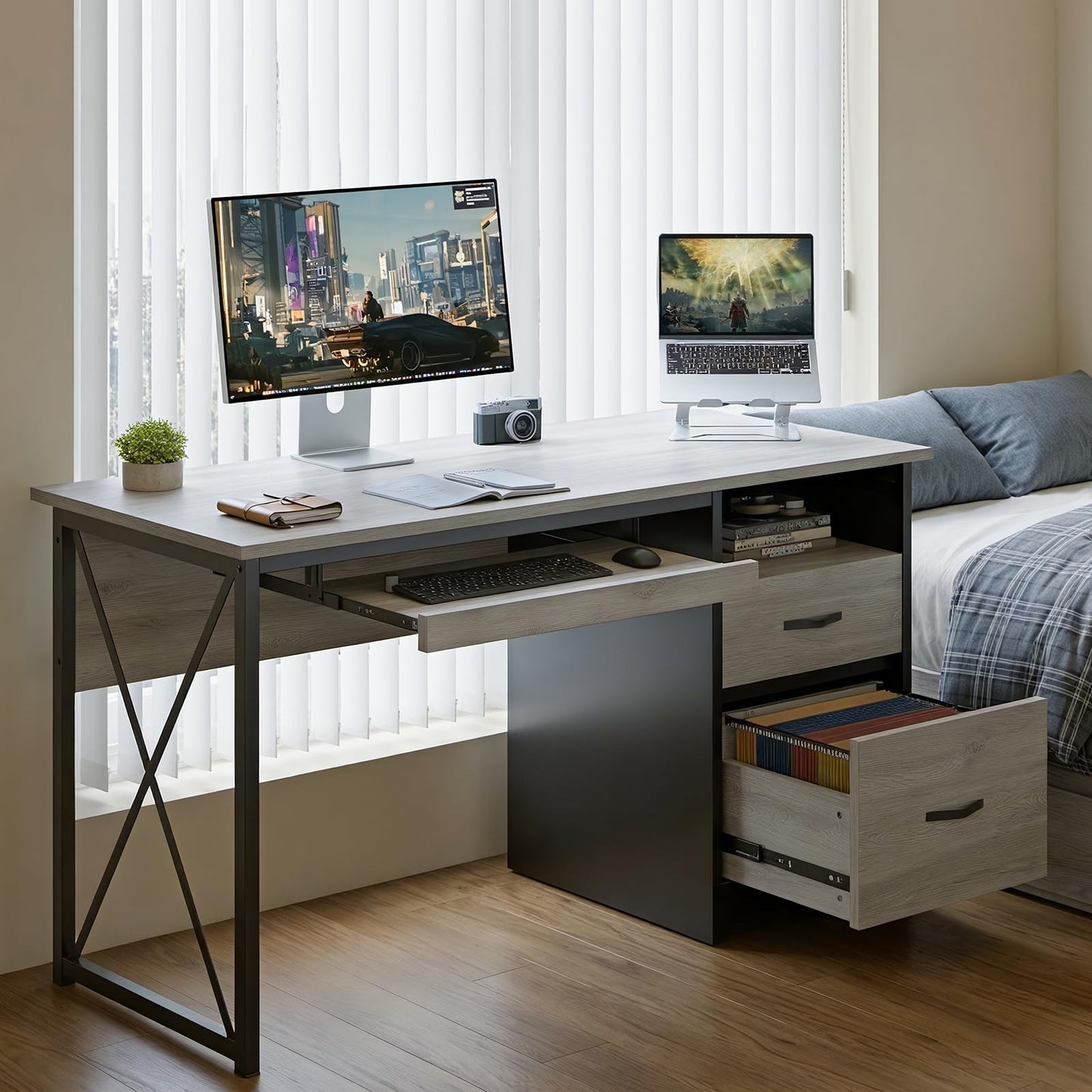Bestier Office Desk with Drawers, 55 inch Industrial Computer Desk with Storage, Wood Teacher Desk with Keyboard Tray & File Drawer for Home Office, Light Gray Oak