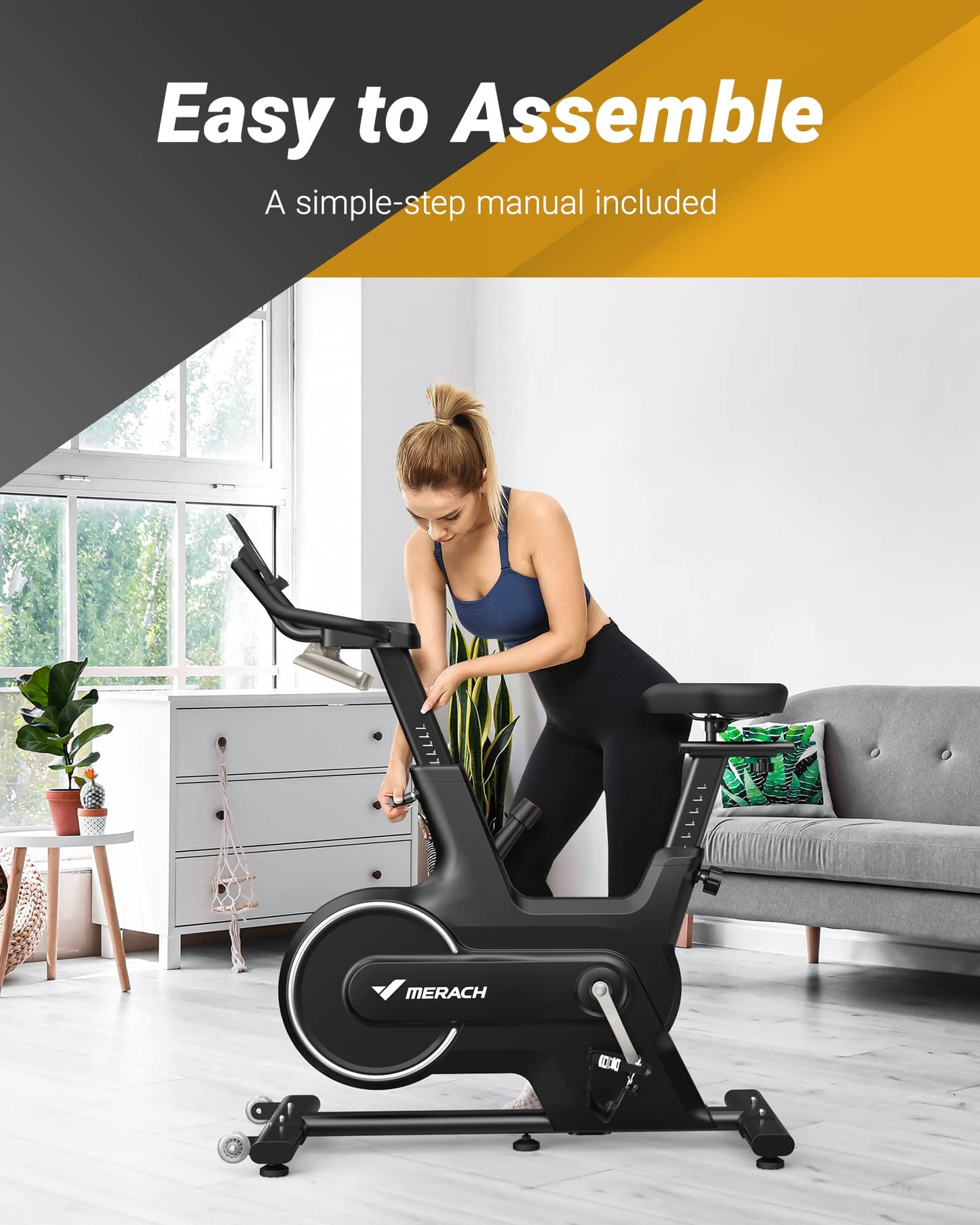 Merach Magnetic Exercise Bike, Low Noise Stationary Bike for Home with Comfortable Seat Cushion, Spinning Bike with 330 lb Weight Capacity, Exclusive App, Tablet Mount and Fitness Courses
