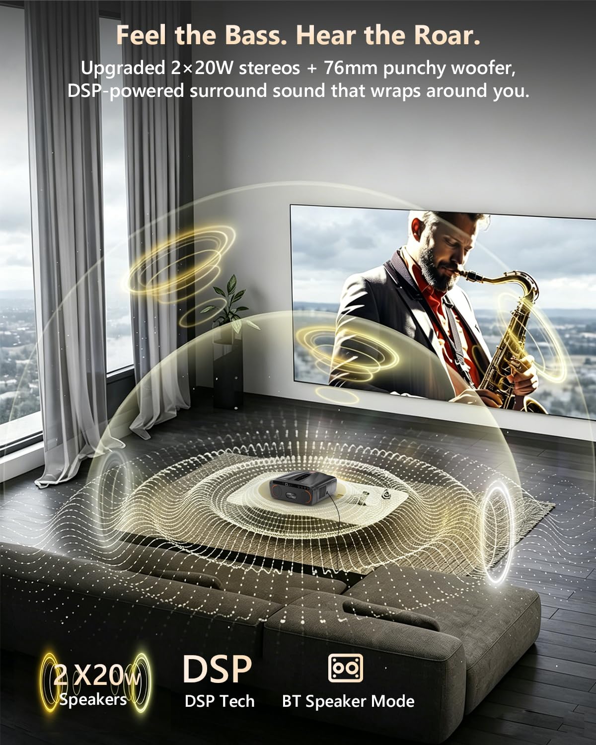 Daylight Projector 4K Ultra HD 2300 High ANSI Smart Home Theater with WiFi 6, Bluetooth, NFC, Streaming Apps, Bright Daytime Proyector, HDR10+, Auto Focus, HDMI 2.1 ARC USB for Movie Video Gaming