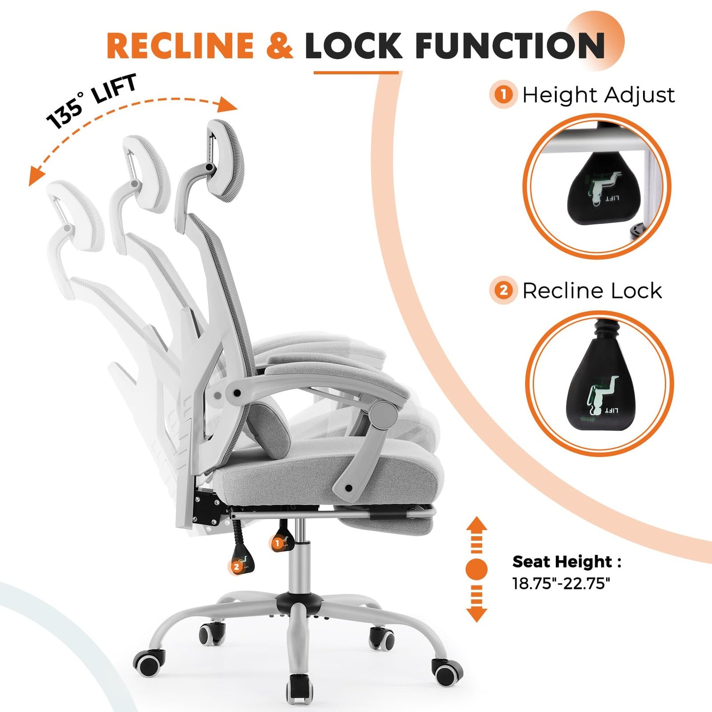 Sweetcrispy Office Computer Desk Chair Set of 2, Ergonomic High-Back Mesh Rolling Work Swivel Chairs with Wheels, Comfortable Lumbar Support, Comfy Arms for Home, Bedroom, Study, Student, Light Grey