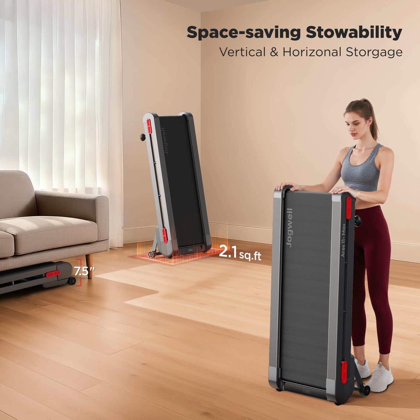 Jogwell Walking Pad Treadmill with 12%/20% Auto Incline, 3.5HP Brushless Ultra-Quiet, Under Desk Treadmill for Home Office, 400 LBS Capacity, 30% Wider Deck, Vertical Storage, Ares 11 Max Black