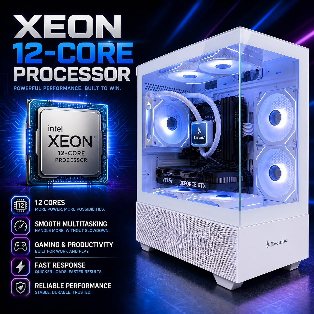 Evounic Gaming Desktop PC Computer Liquid Cooled 12-Core Processor, GeForce RTX 4060 GDDR6, 64GB RAM, 512GB NVMe SSD + 1TB HDD, WiFi 6 & BT 5.4, 7× ARGB Fans, 650W PSU, Windows 11