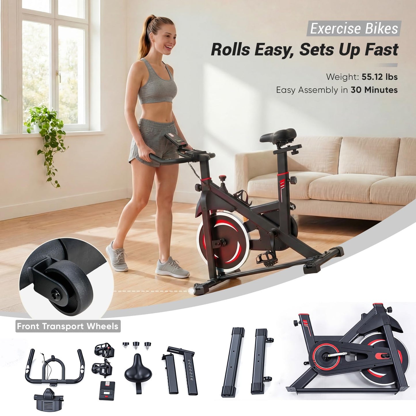 OLIXIS Exercise Bike with APP Control, Brake Pad Stationary Bikes with Quiet Magnetic Resistance, Indoor Cycling Spin Workout Bike with 300.0 lbs Weight Capacity, Classic Red