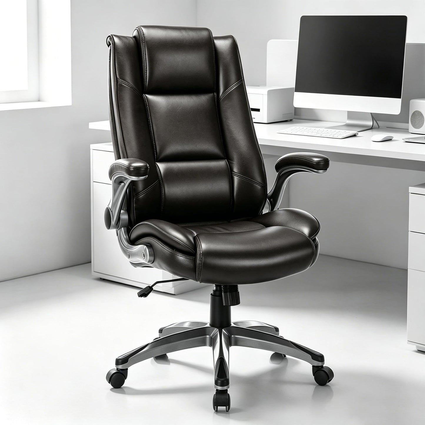 COLAMY Leather Executive Office Chair - High Back Ergonomic Home Computer Desk Chair with Padded Flip-up Arms, Adjustable Tilt Lock, Swivel Rolling Chair for Adult Working Study, Brown