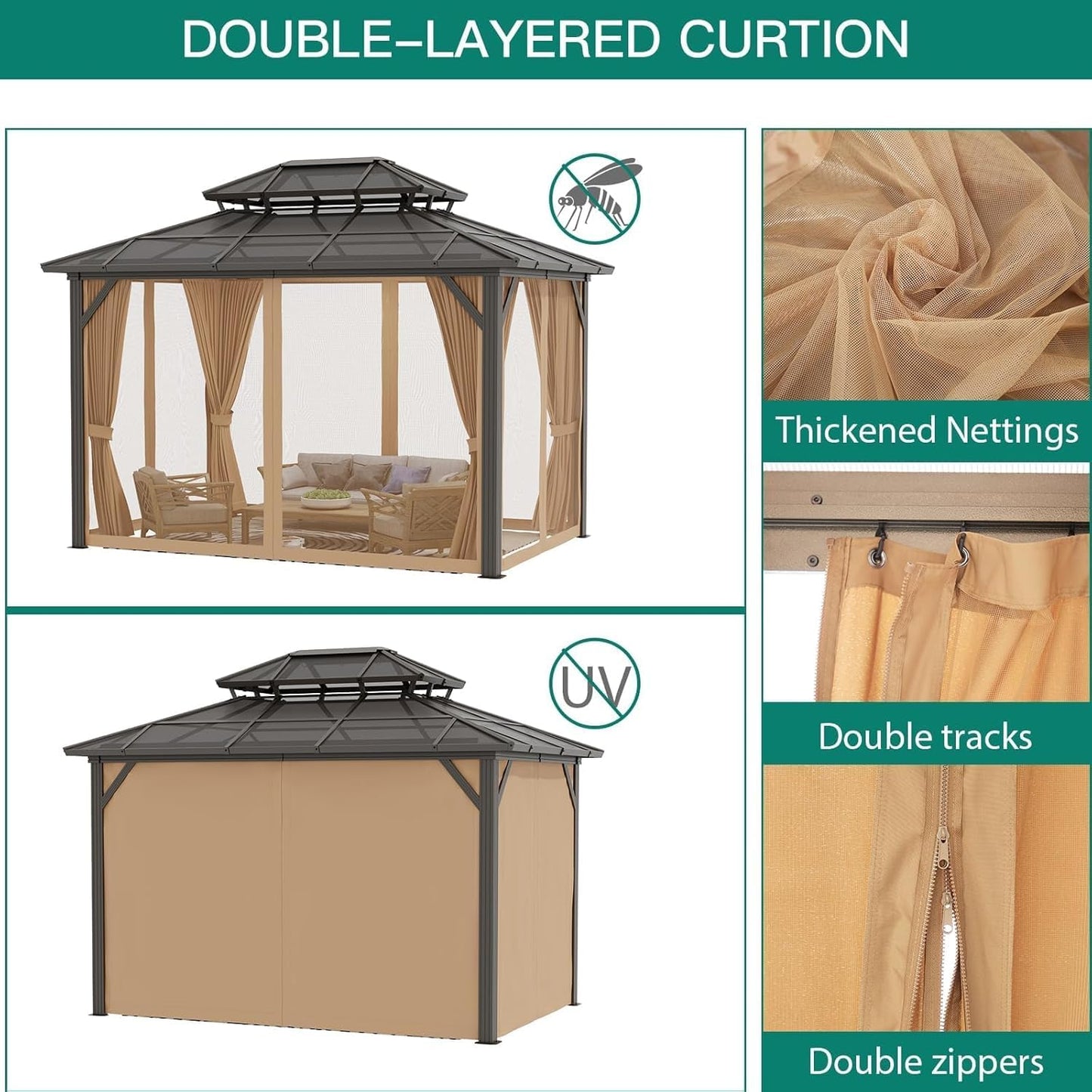Hetoy 10'x13' Gazebo Hardtop Gazebo, Heavy Duty Aluminum Frame Permanent Pavilion with Curtains and Netting, Outdoor Polycarbonate Double Roof Canopy, Outdoor Pavilion for Patio, Garden, Lawn