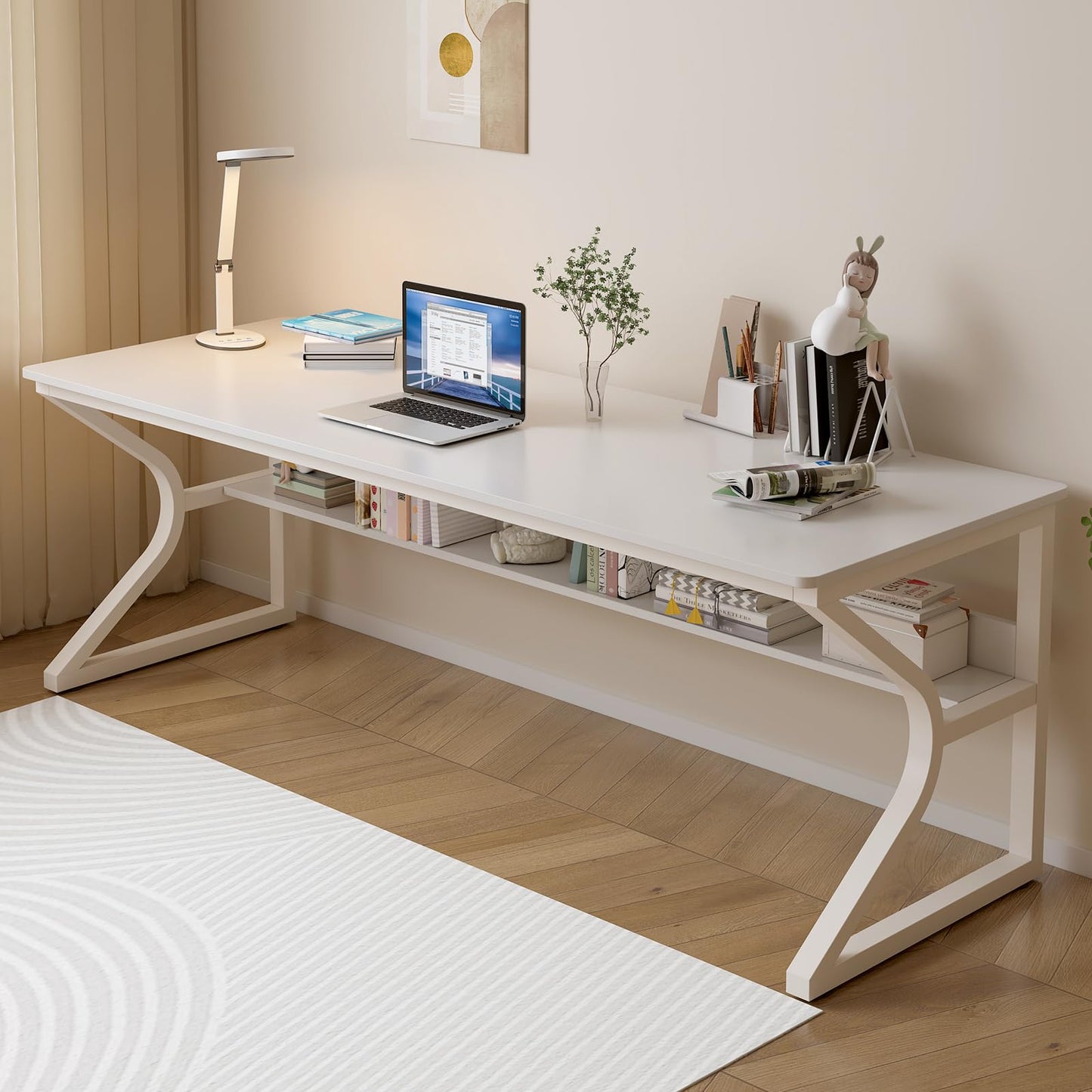 OSCHF Extra Long Desk with Bookshelf - 71" Double Long Writing Table for 2-Person Workstation, Modern Study Work Computer Desk for Home and Office, Warm White