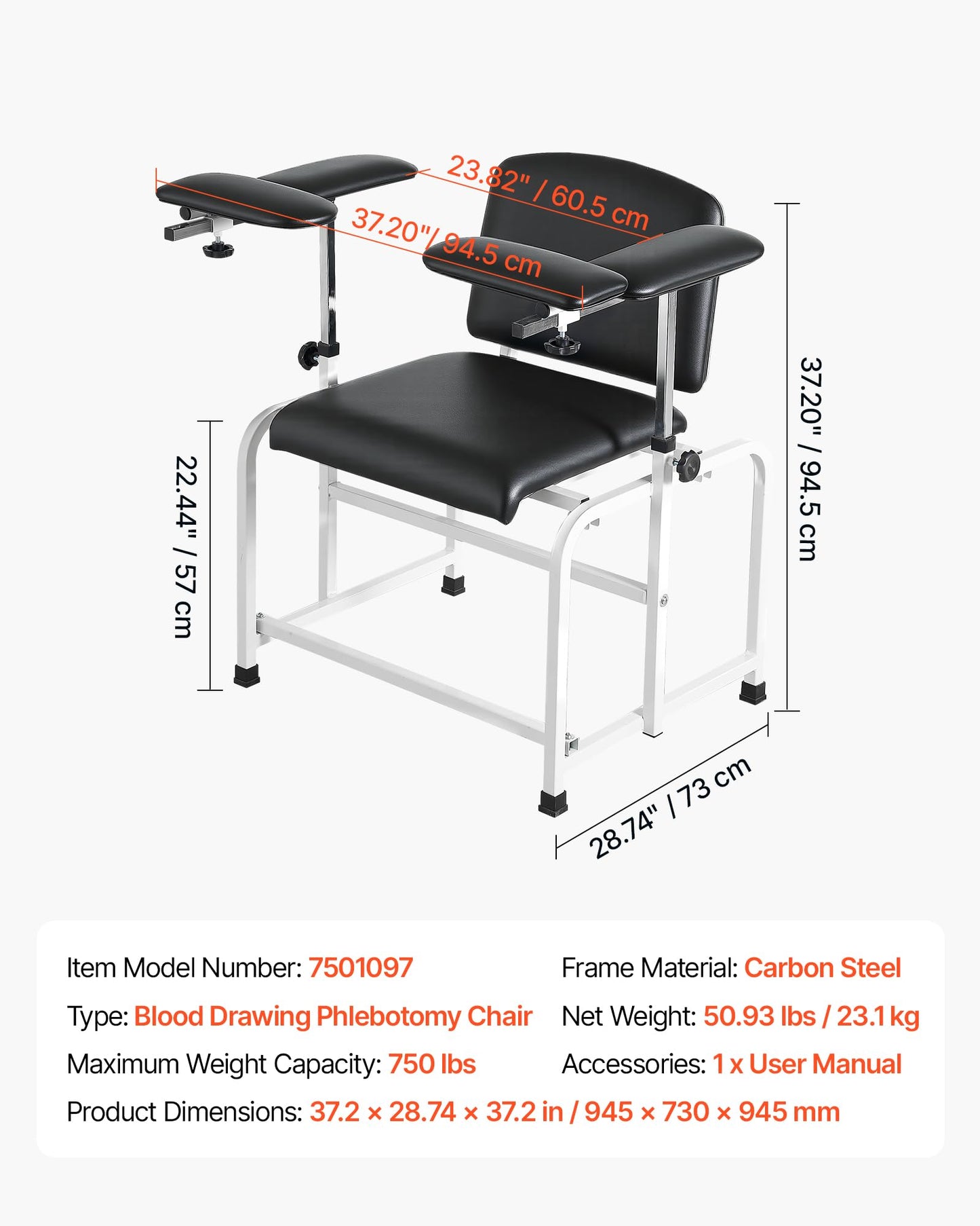 VEVOR Phlebotomy Chair 750LBS Capacity Blood Draw Medical Chair, Comfortable Blood Drawing Chairs with Adjustable Armrests, Soft Padded Seat, Easy-to-Clean PVC Leather for Hospitals Clinics