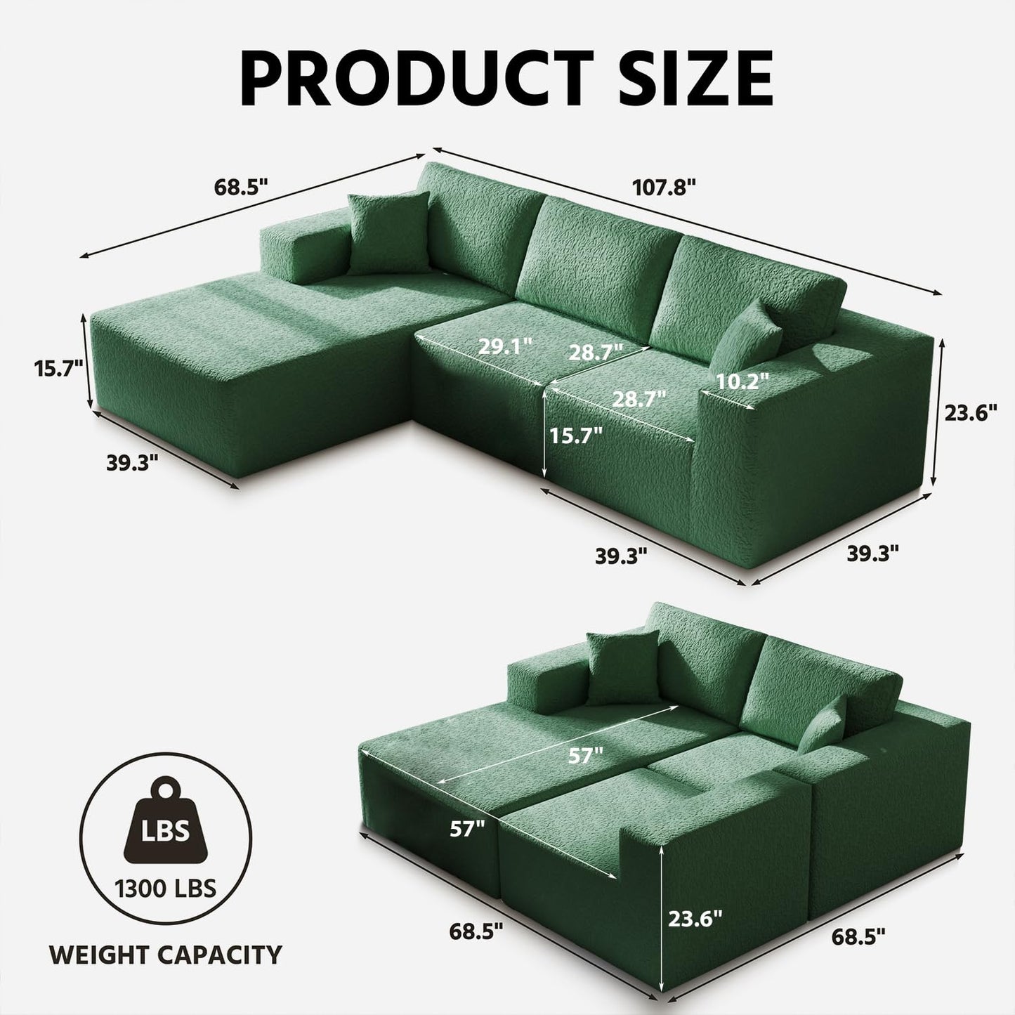 108" Cloud Modular Sectional Couch with L-Shape Chaise, Modern Sectional Sofa with Deep Seat Couch, Ultra Soft Knit Fabric Couches for Living Room, No Assembly Required, Left Facing Chaise (Green)