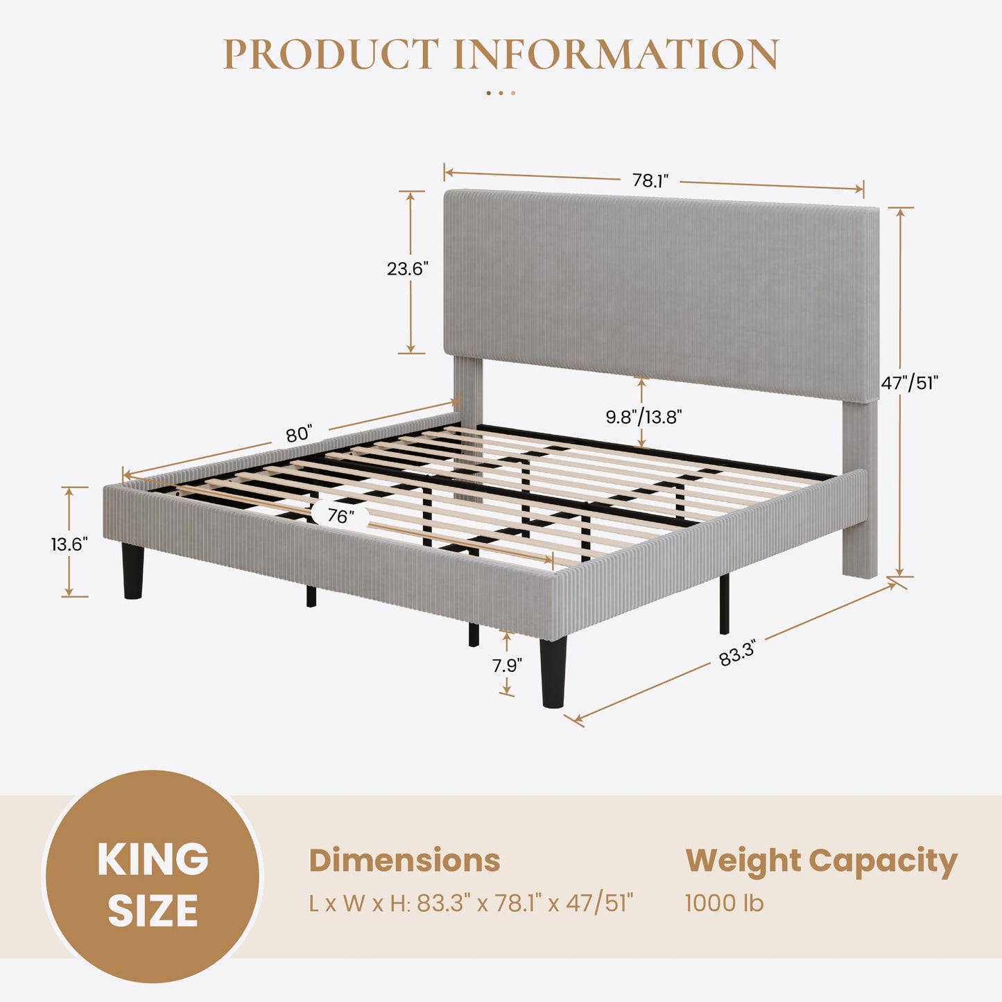 SHA CERLIN King Bed Frame, Velvet Platform Bed Frame with Vertical Channel Tufted Headboard, Upholstered Corduroy, Strong Wooden Slats, No Box Spring Needed, Easy Assembly, Light Grey