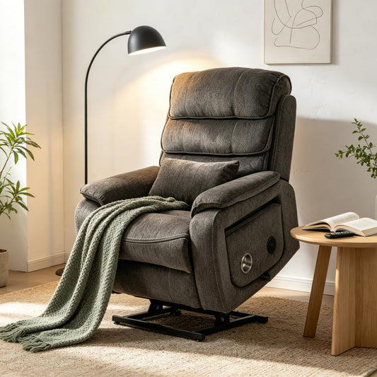 Ball & Cast Lift Recliner Chair with Sides Pockets,Lounge Relax Single Sofa W/Maximum Adjustable Tilt 180 Degrees and Multi-Function Massage & Heat,Armrests W/Cup Holder,for Living Room,Light Brown