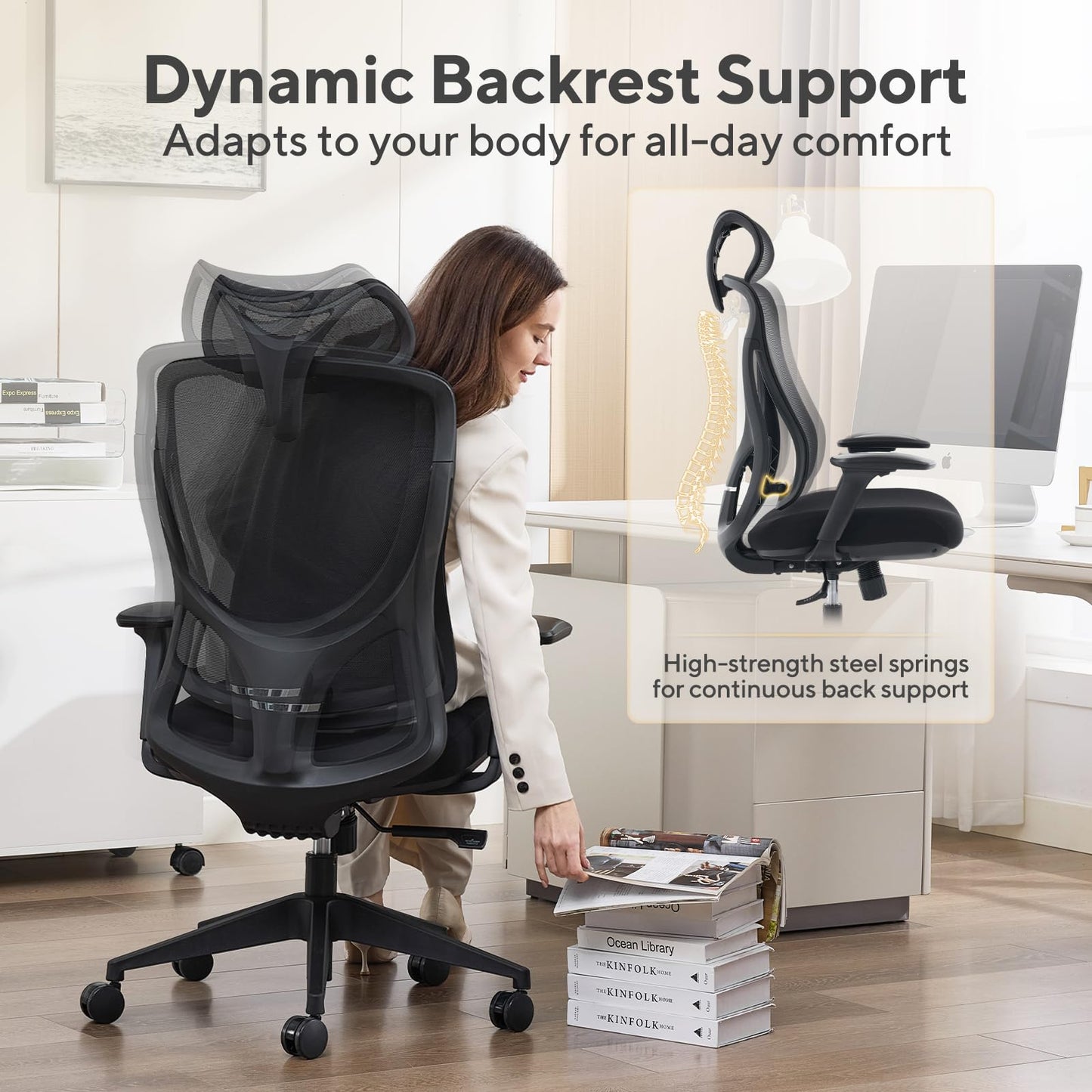 Nouhaus Apertura Ergonomic Office Chair, Home Office Desk Chairs w/Adjustable Lumbar Support & Headrest, Dynamic Back Support, 3D Armrests, High Back Mesh Comfy Computer Chair for Long Hours (Black)