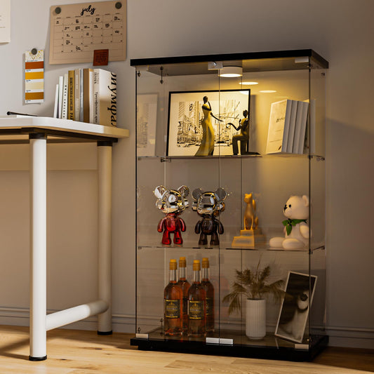 FANYUSHOW Tempered Glass Display Cabinet with LED Lights and Lock, Black, 2-Door 3-Shelf Curio Cabinet with Glass Shelves for Collectibles, Lego, Figures, Books and Wine
