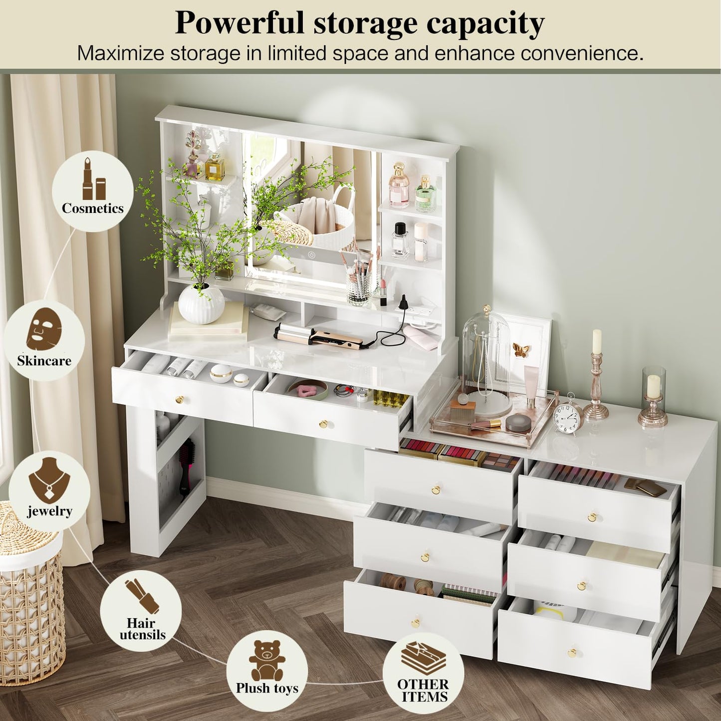 Ieejdn Makeup Vanity Desk with Mirror and Lights, Vanity Desk with 8 Drawers & Storage Shelves, Vanity Table with Power Outlet, 3 Color Modes & Adjustable Brightness Dressing Table, Bedroom,White