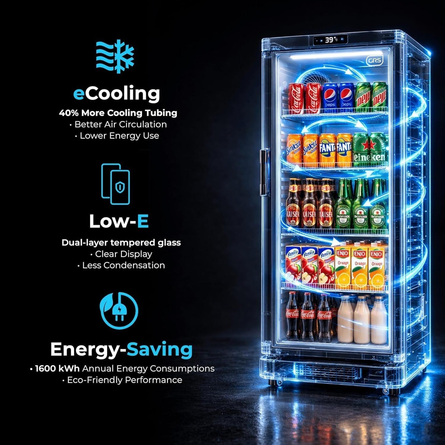 GRS Commercial Display Refrigerator with Glass Door Lock | Cool Air Flow & Temperature | Beverage fridge, Drink and Wine Cooler with Adjustable Display Shelf for Stores and Bars | Black, 6.0 Cu. Ft